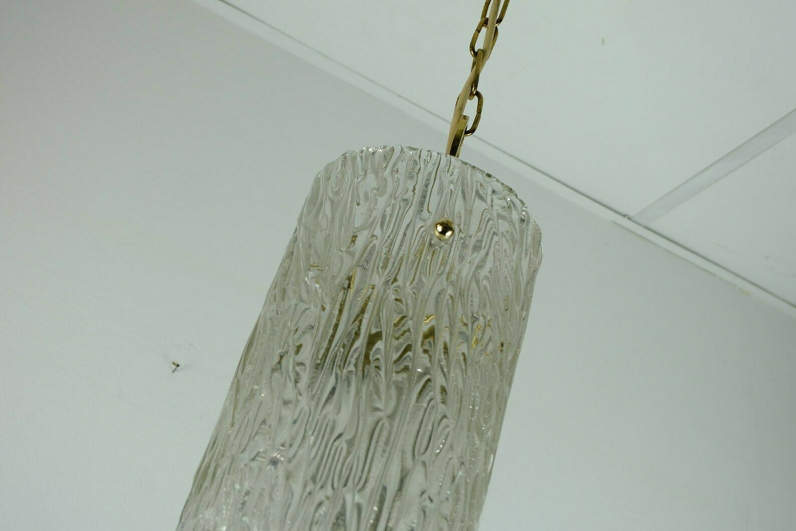 Elegant Mid Century 1950s Pendant Lamp Kalmar Franken Ice Glass Textured Glass Brass photo vinterior