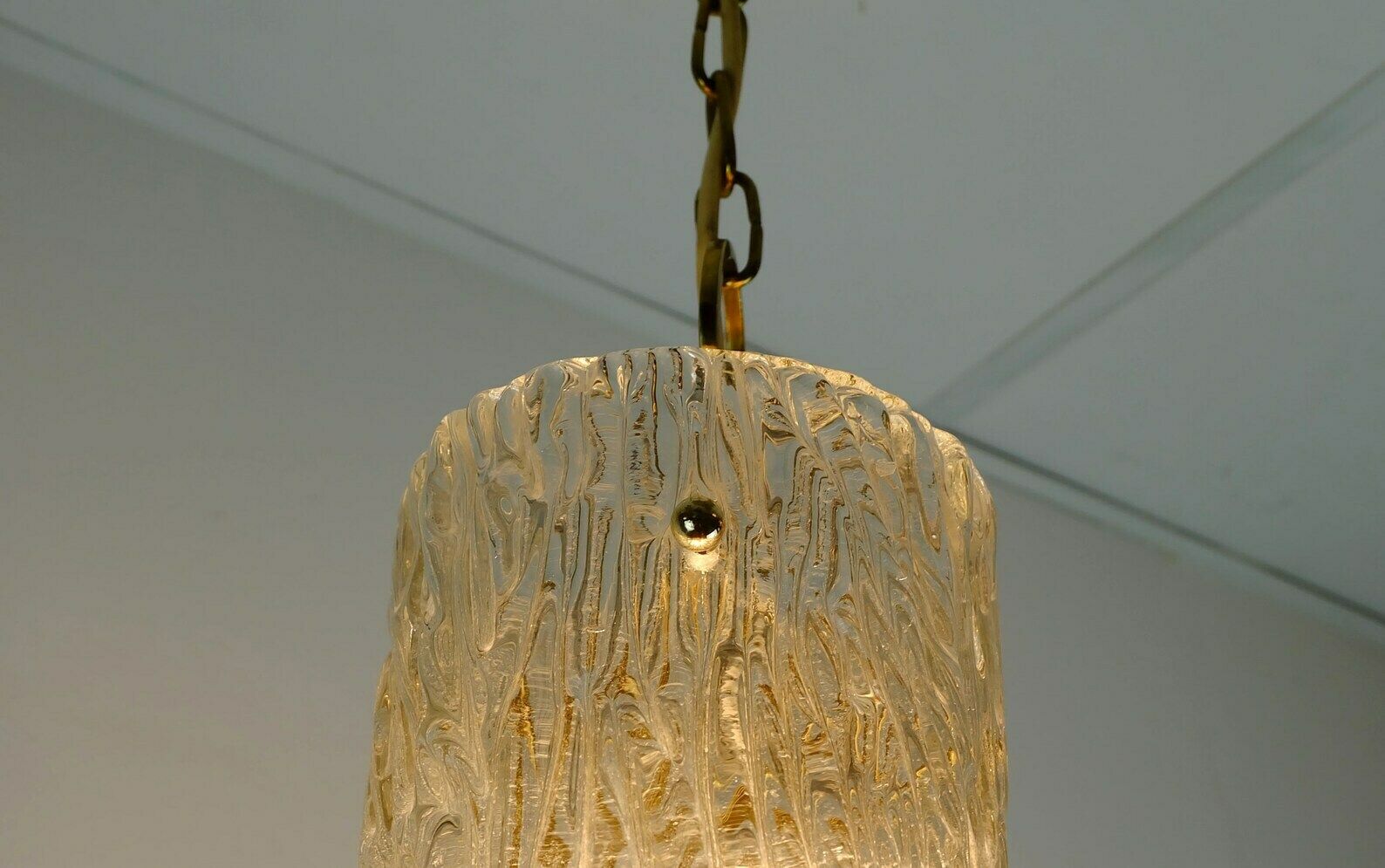 Elegant Mid Century 1950s Pendant Lamp Kalmar Franken Ice Glass Textured Glass Brass photo buy