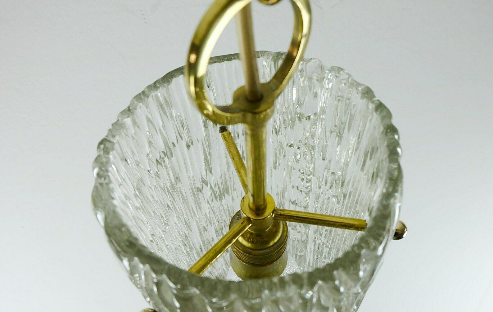 Elegant Mid Century 1950s Pendant Lamp Kalmar Franken Ice Glass Textured Glass Brass photo vintage