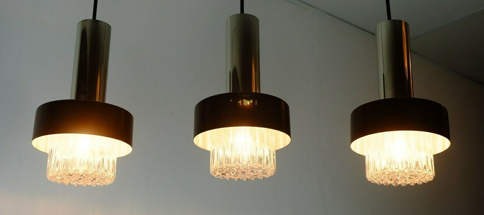 Mid Century Modern 3 Light Pendant Lamp Glass And Chrome And Black Metal 1960s photo for sale