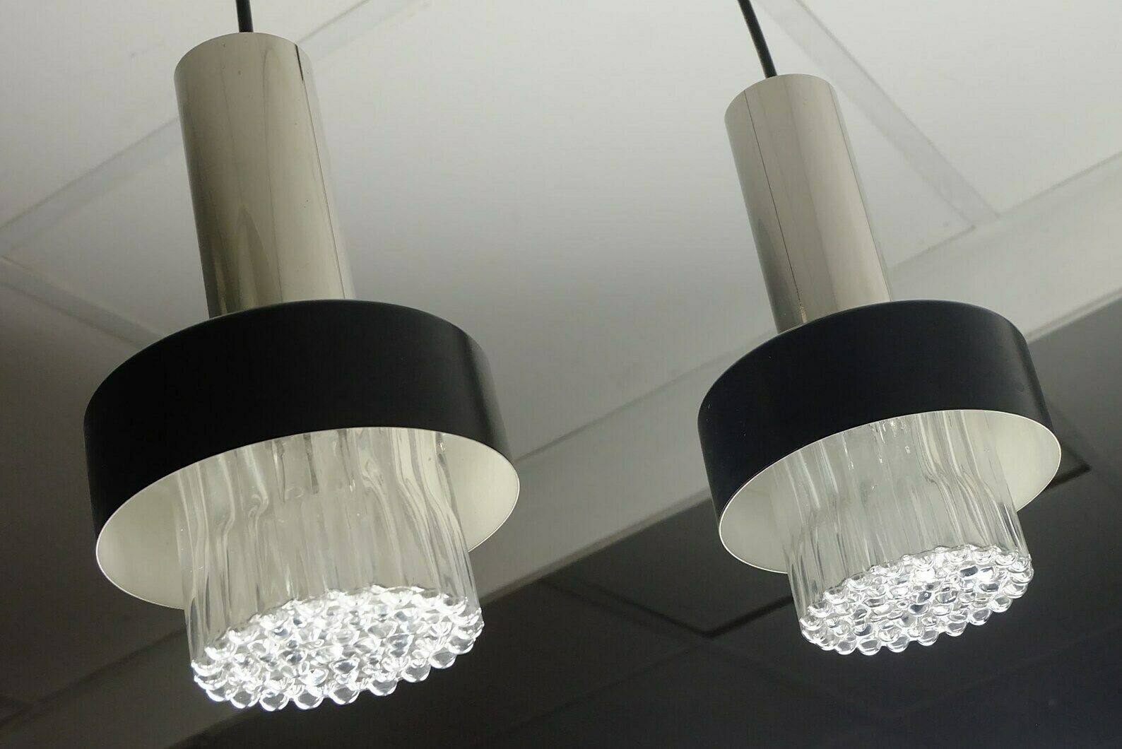 Mid Century Modern 3 Light Pendant Lamp Glass And Chrome And Black Metal 1960s photo 318.5675