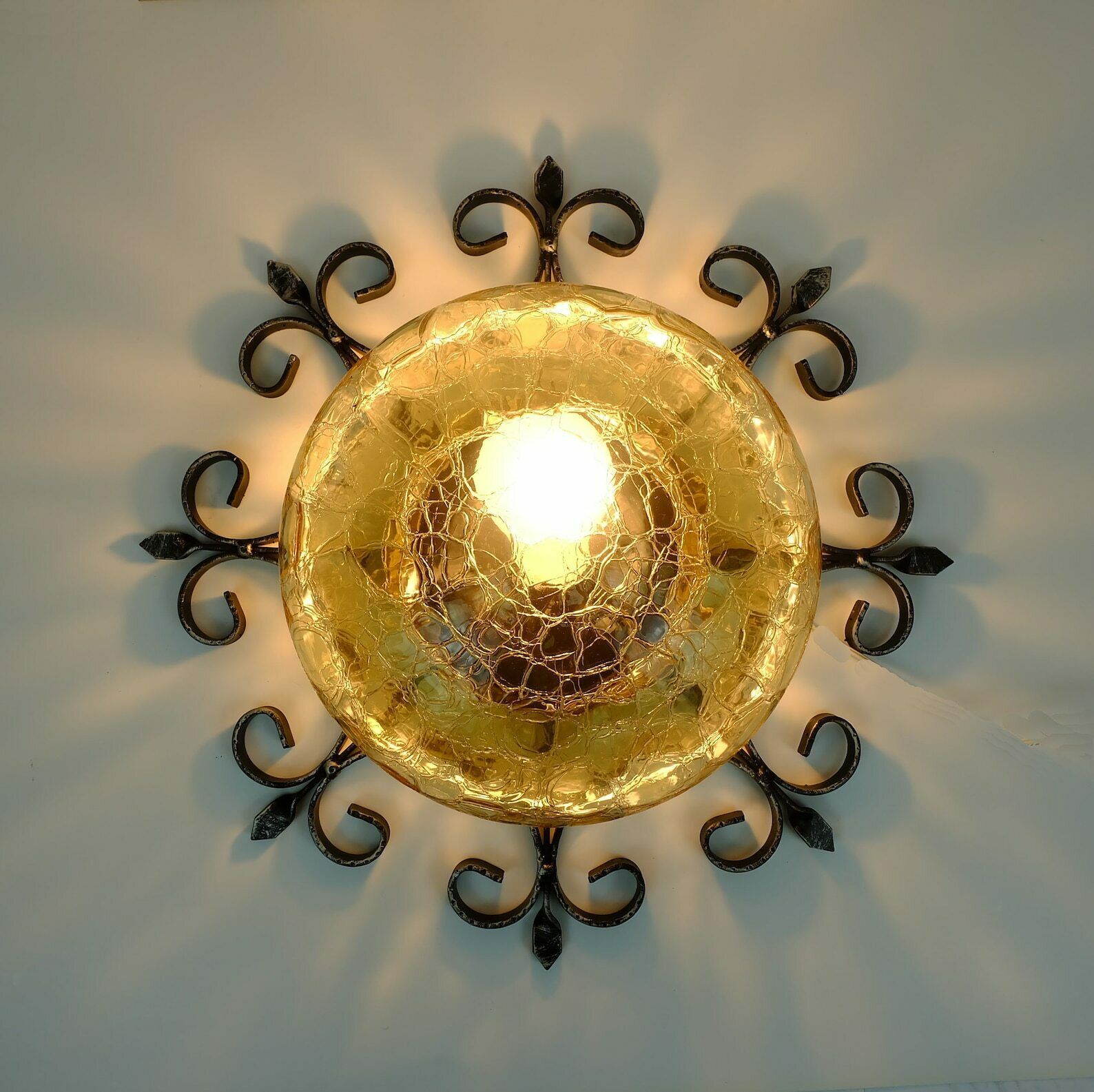 Outstanding 1970's Modernist Brutalist Wall Lamp Sconce Wrought Iron And Amber Glass photo for sale