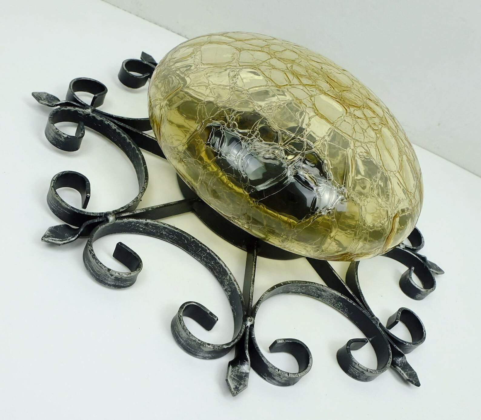 Outstanding 1970's Modernist Brutalist Wall Lamp Sconce Wrought Iron And Amber Glass photo 254.0475