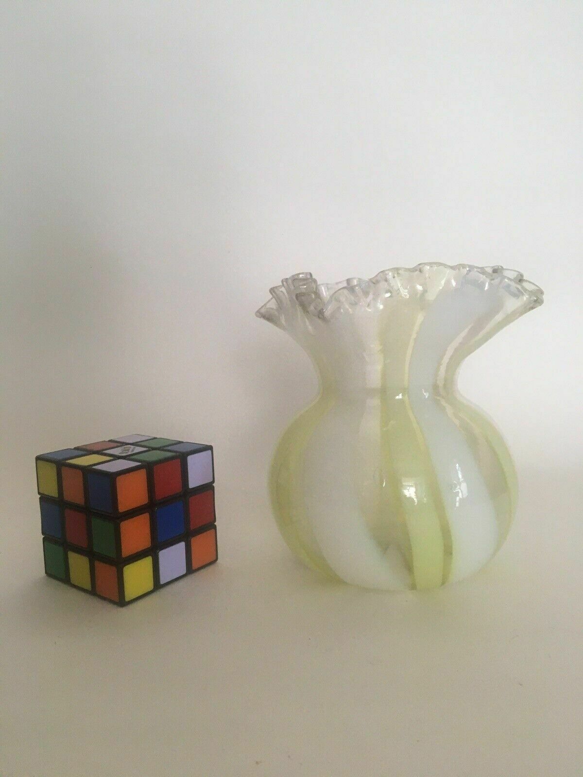Victorian Vaseline Glass Vase Frill Rim Candy Stripe Antique Art Glass photo vintage