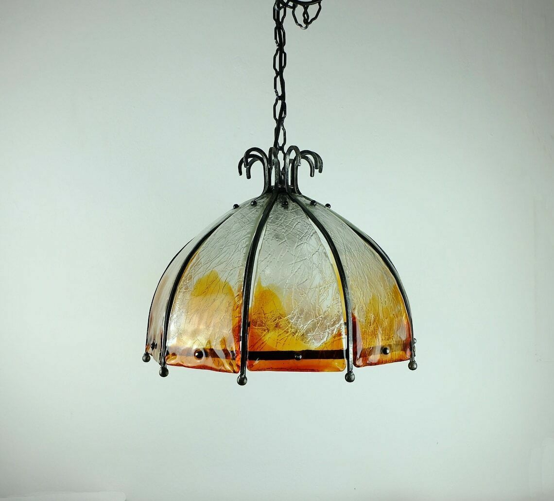 Brutalist Mid Century Pendant Lamp Wrought Iron And Wonderful Murano Glass 60s 70s