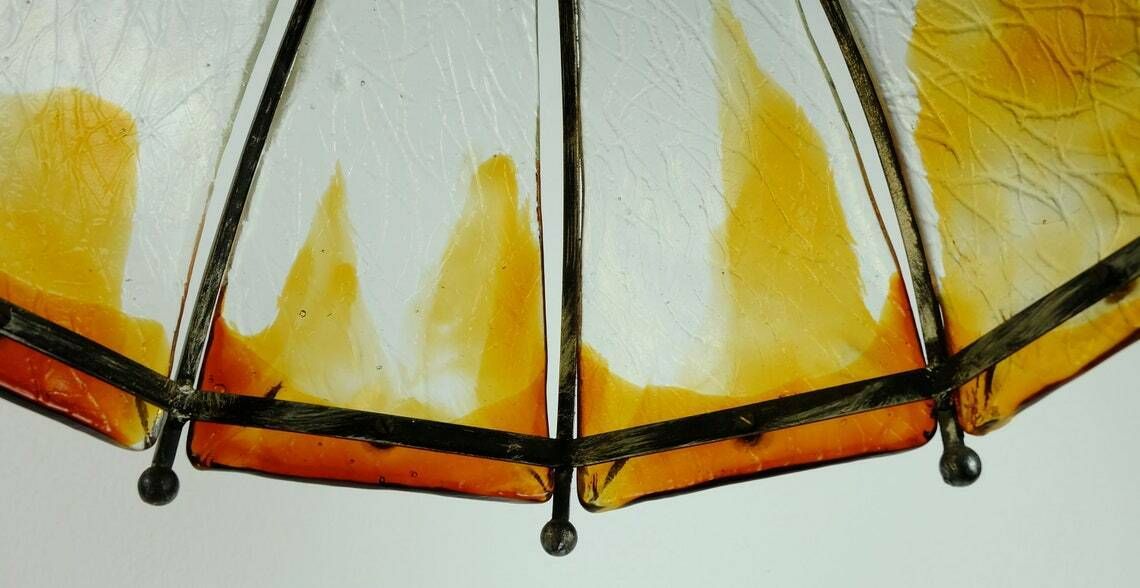 Brutalist Mid Century Pendant Lamp Wrought Iron And Wonderful Murano Glass 60s 70s photo for sale
