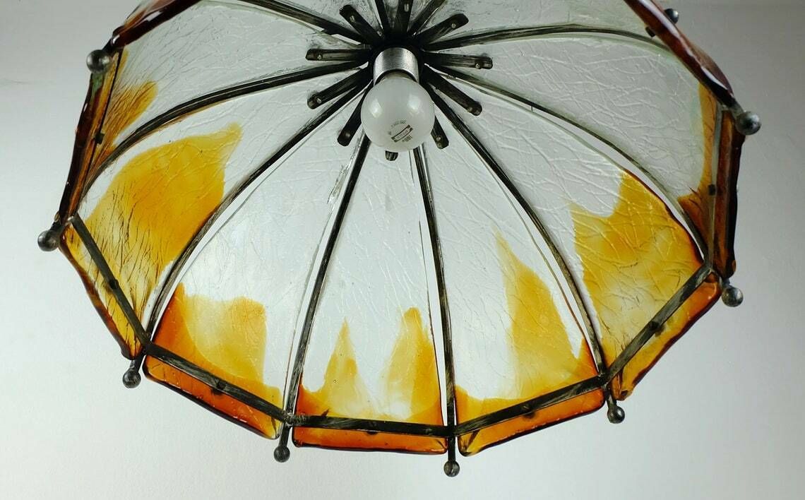 photo furniture Brutalist Mid Century Pendant Lamp Wrought Iron And Wonderful Murano Glass 60s 70s