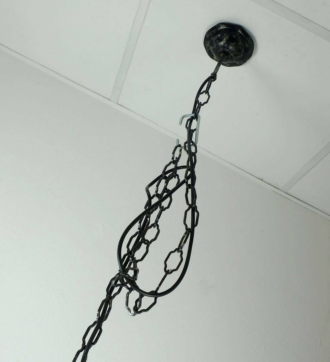 photo for sale Brutalist Mid Century Pendant Lamp Wrought Iron And Wonderful Murano Glass 60s 70s