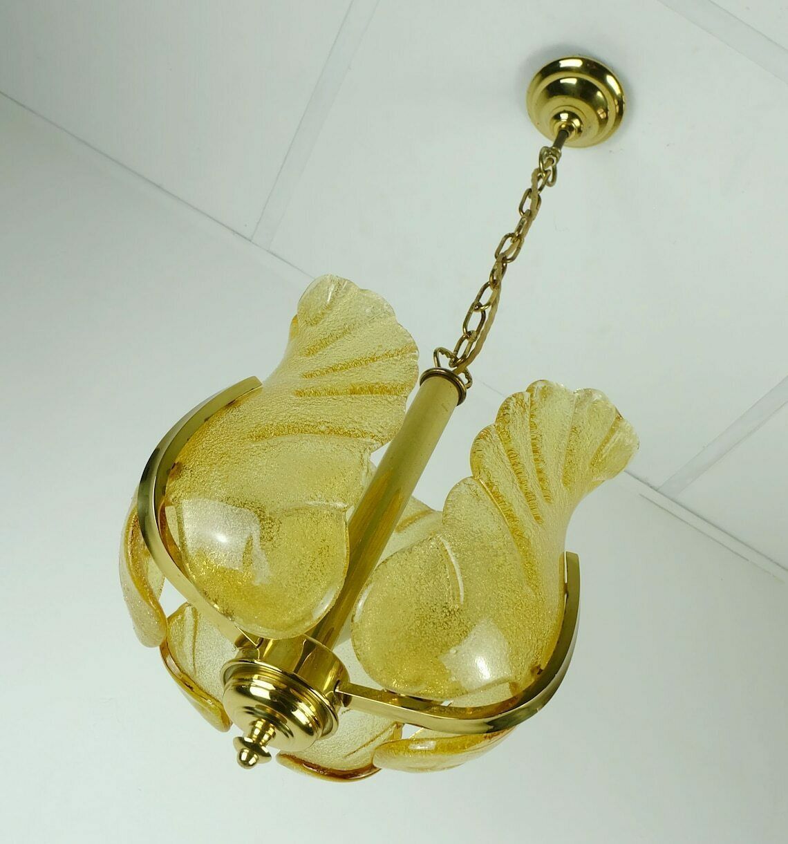 Mid Century Pendant Lamp Brass Amber Glass 1960s Small Chandelier photo Lighting