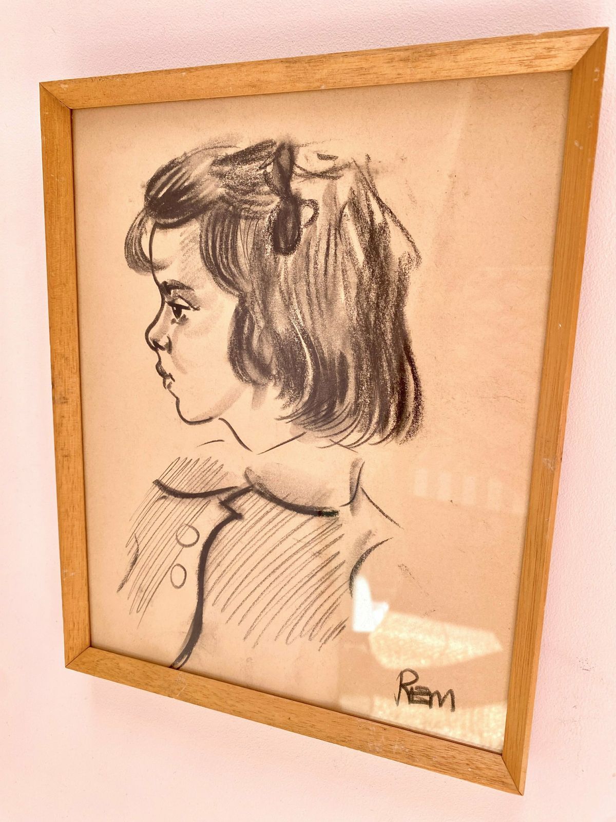 Mid Century Framed Hand Illustrations Of Two Children photo vinterior