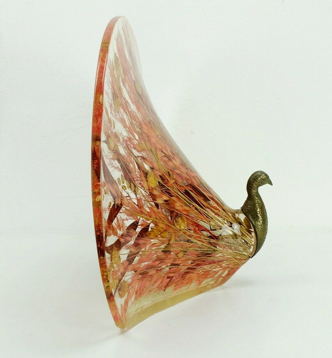 Rare And Outstanding Vintage Table Lamp Peacock Shape Brass Resin With Leaves And Grasses 1970s photo vinterior