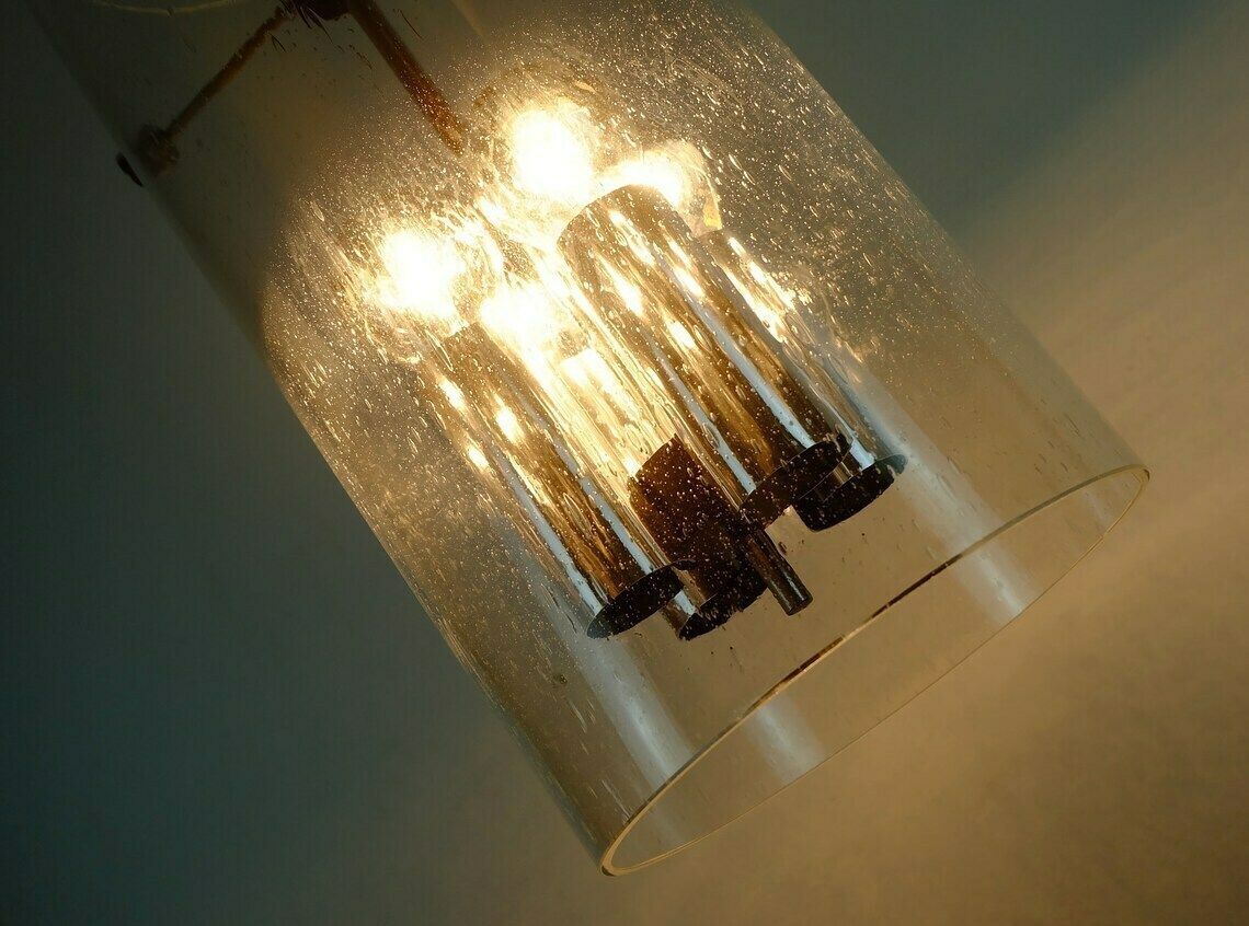 Huge Glashuette Limburg Pendant Light Cylindrical Bubble Glass Shade And Chrome 1970s Model 4399 photo furniture