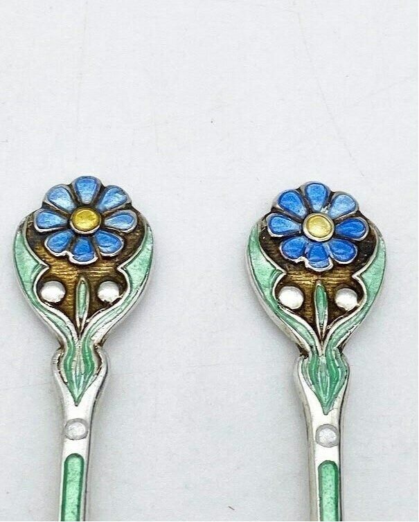Antique Set Of 6 Small Dessert Spoons Sterling Silver & Enamel Floral Thomas Streetin photo for sale
