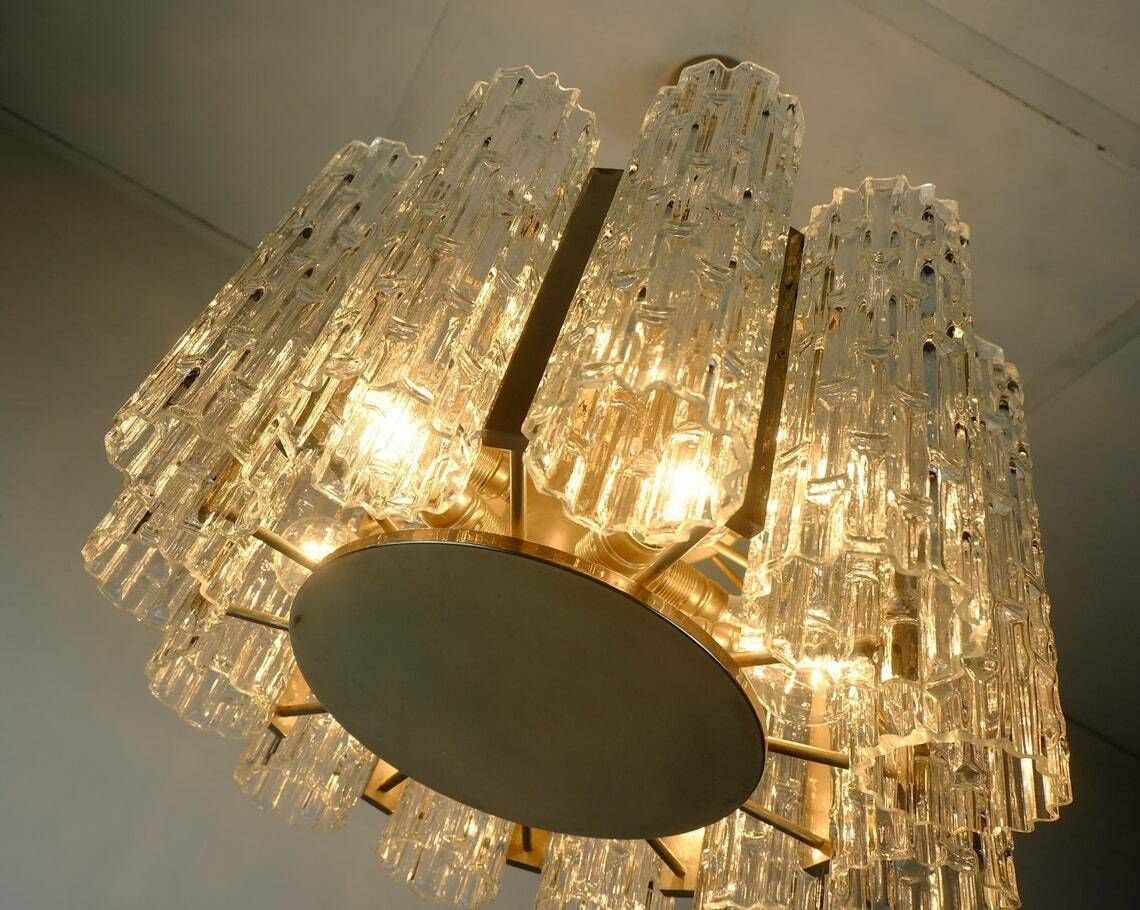 Outstanding 1960s Kaiser Mid Century Chandelier Chrome Hanging Light With 12 Glass Tubes photo Lighting
