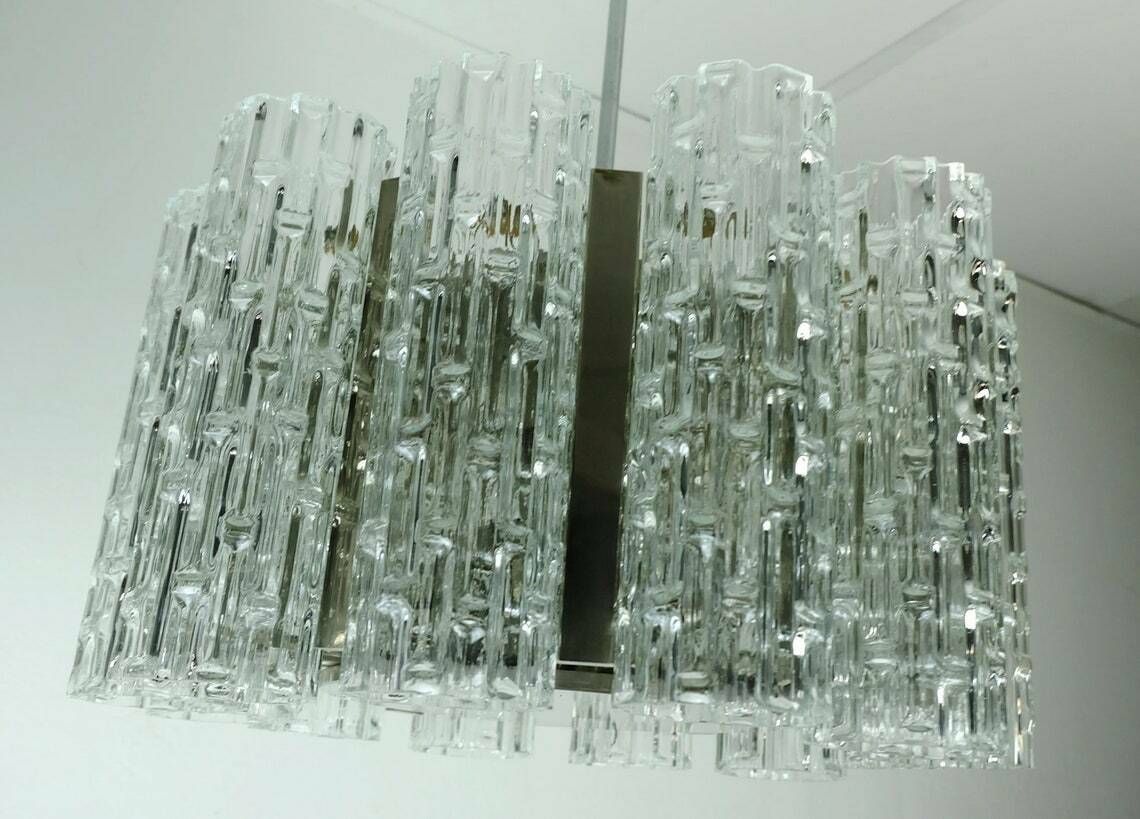 Outstanding 1960s Kaiser Mid Century Chandelier Chrome Hanging Light With 12 Glass Tubes photo vintage