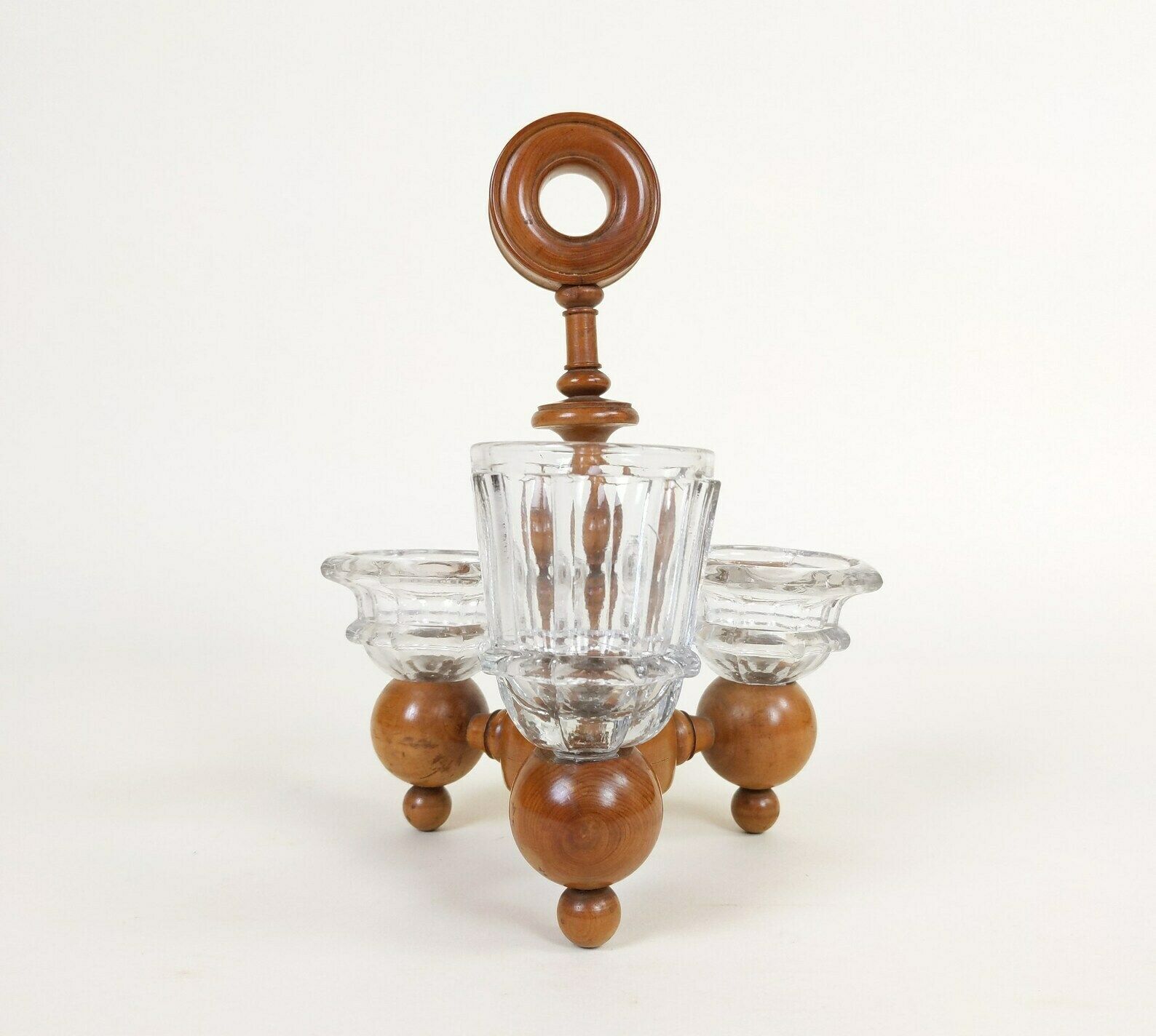 Antique French Cruet Set Made From Turned Boxwood Wood And Pressed Glass photo 69.0