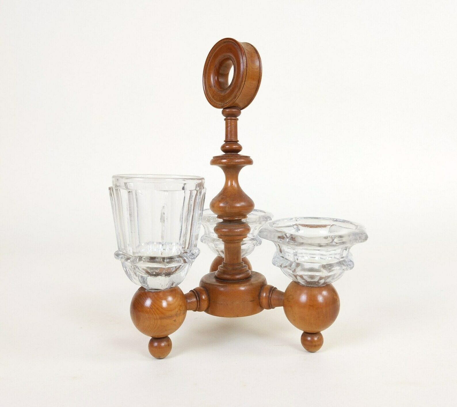 Antique French Cruet Set Made From Turned Boxwood Wood And Pressed Glass photo vinterior