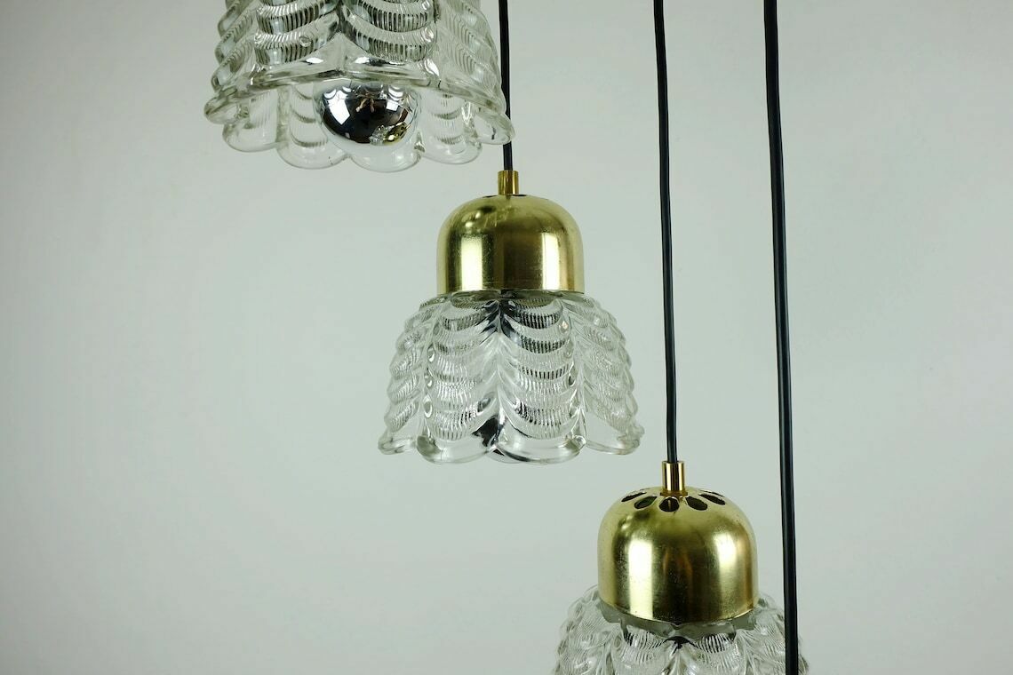 1960s Mid Century Pendant Light Cascading Lamp 7 Flower Shaped Glass Shades And Brass Chandelier photo buy