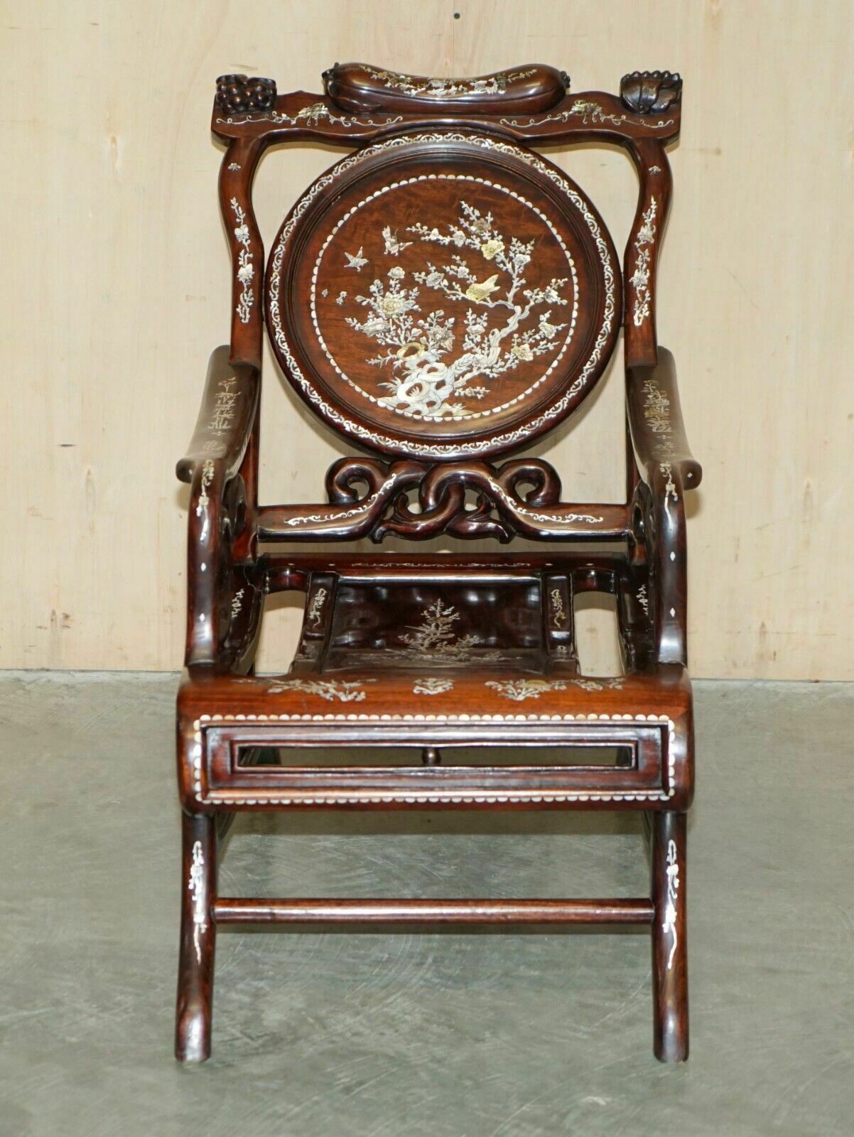 Pair Of Antique Padauk & Mother Of Pearl Reclined Plantation Armchairs & Table photo Furniture