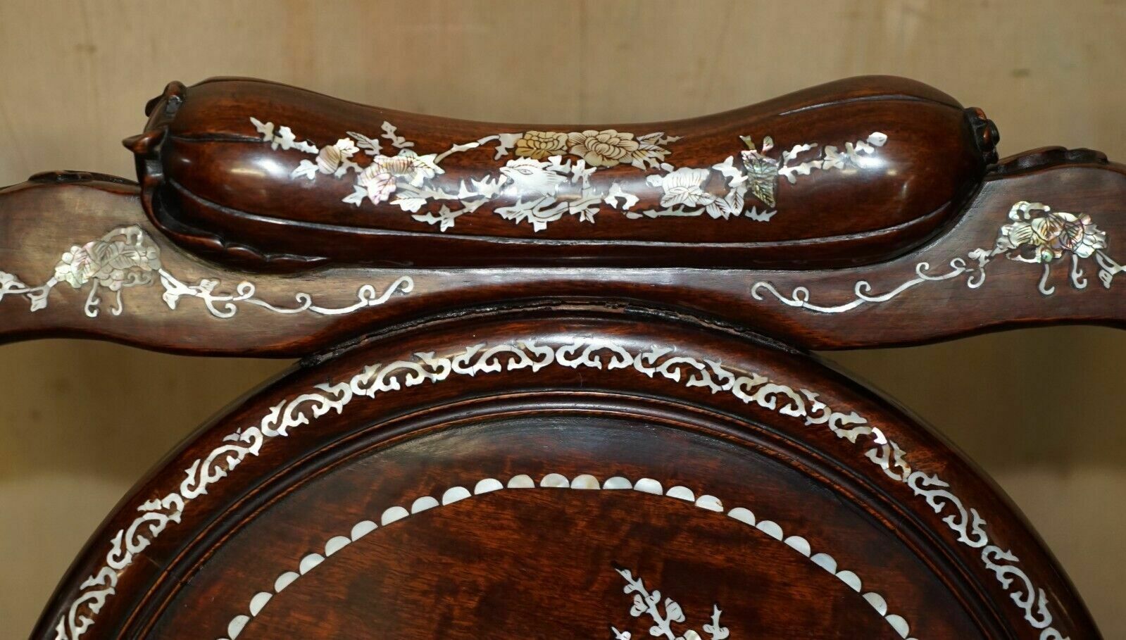 Pair Of Antique Padauk & Mother Of Pearl Reclined Plantation Armchairs & Table photo buy