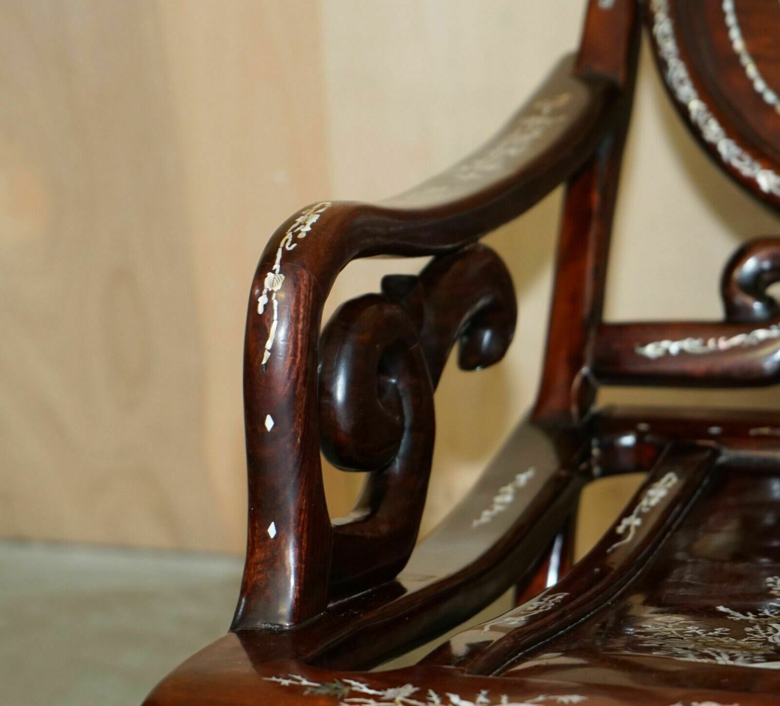 photo for sale Pair Of Antique Padauk & Mother Of Pearl Reclined Plantation Armchairs & Table