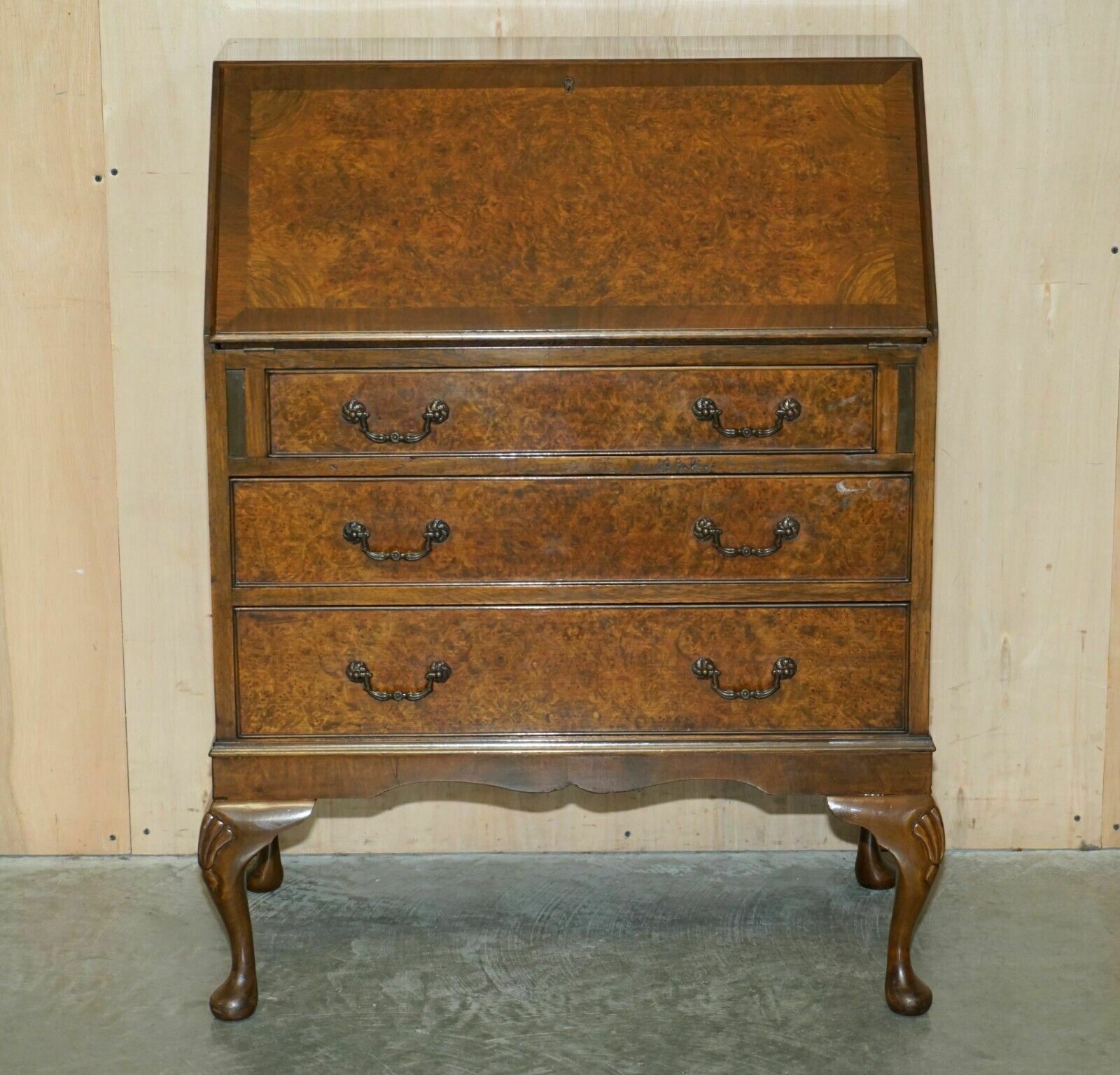 Stunning 1900's Burr & Burl Walnut Drop Front Bureau Desk Lovely Timber Patina photo for sale