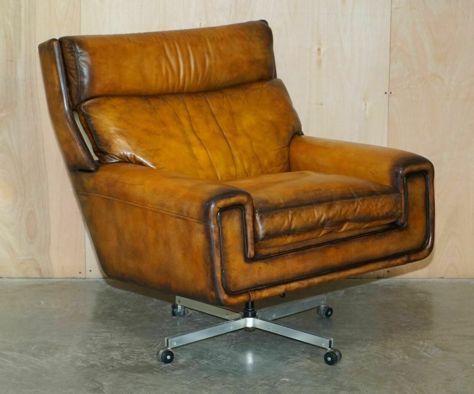 Restored Vintage 1970's Hand Dyed Whisky Brown Leather Swivel Armchair Part Set