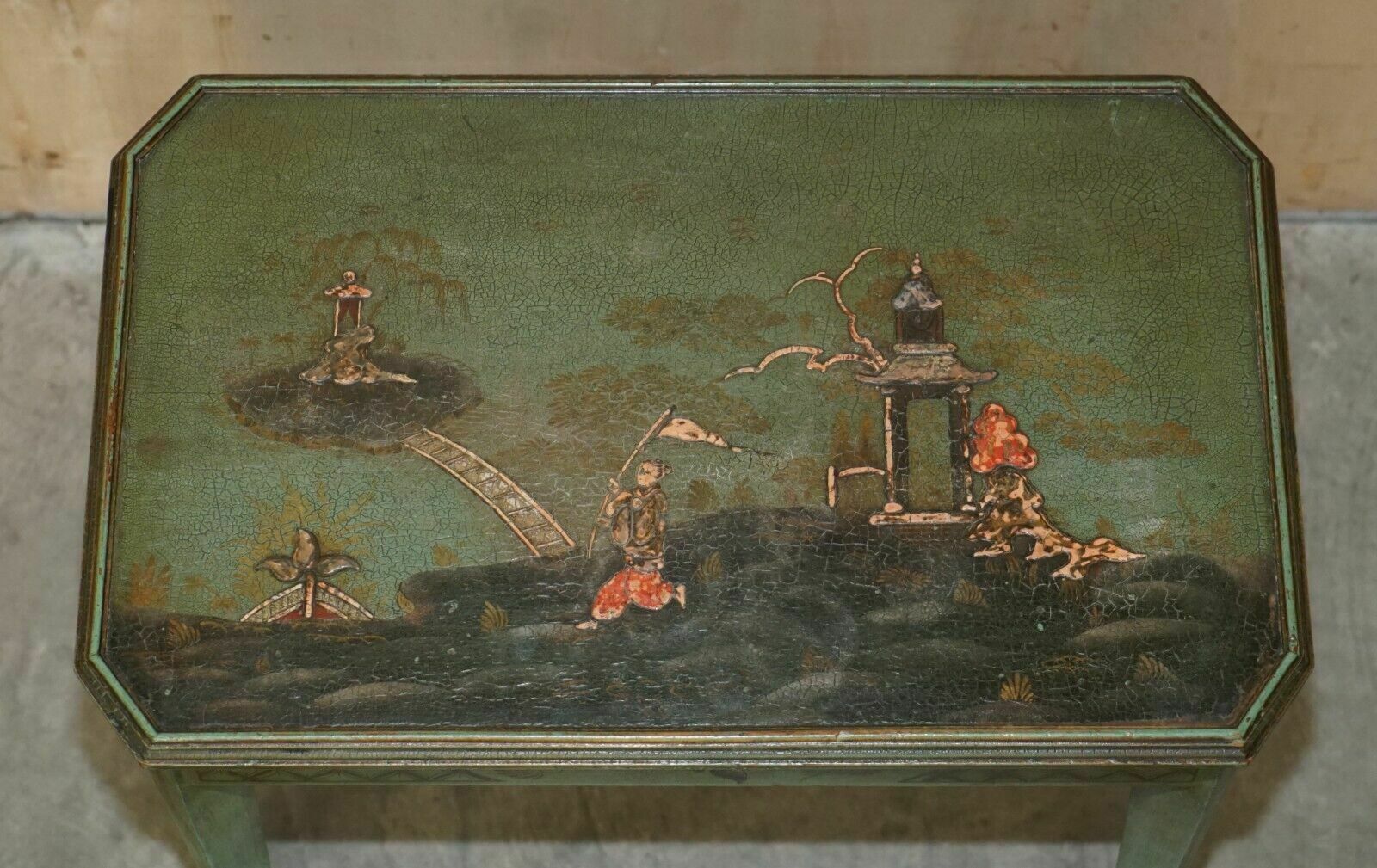 Antique Victorian Chinese Chinoiserie Hand Painted Green Side End Wine Table photo vintage