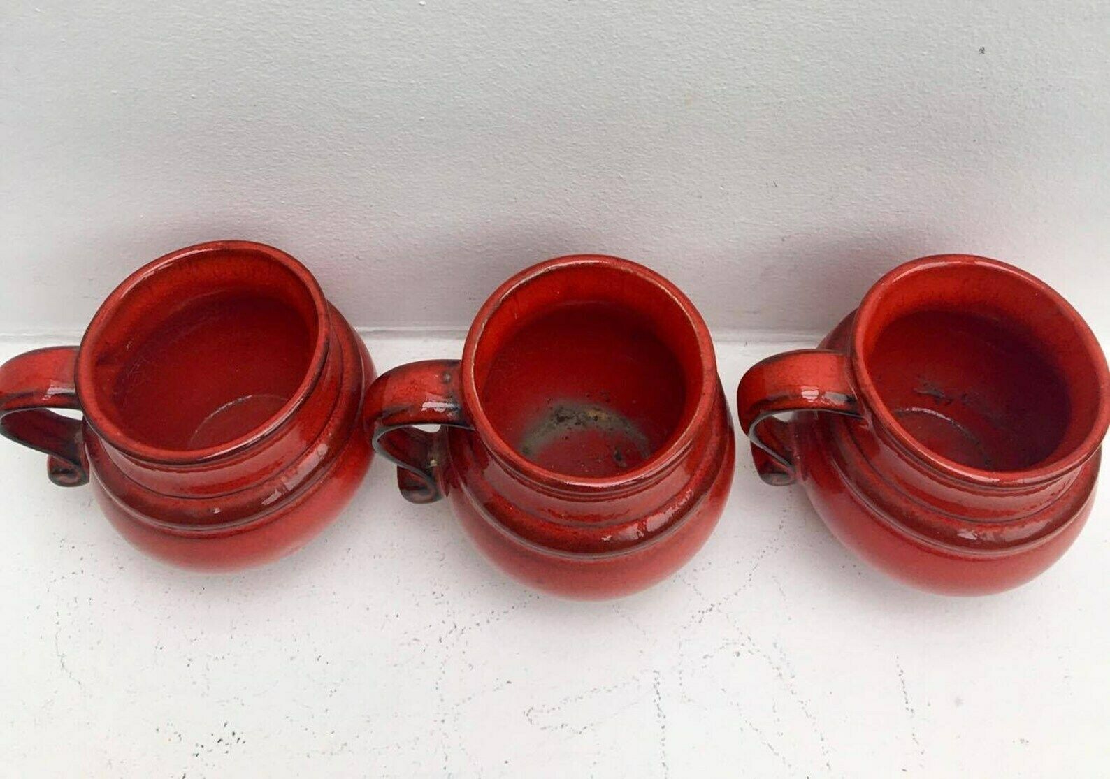 German Pottery, Red Fat Lava Vases, Small Red West Germany Set Of 3 Vases, 1960s, West German Pottery, Fat Lava Era, 60s, Mid Century Modern photo vintage