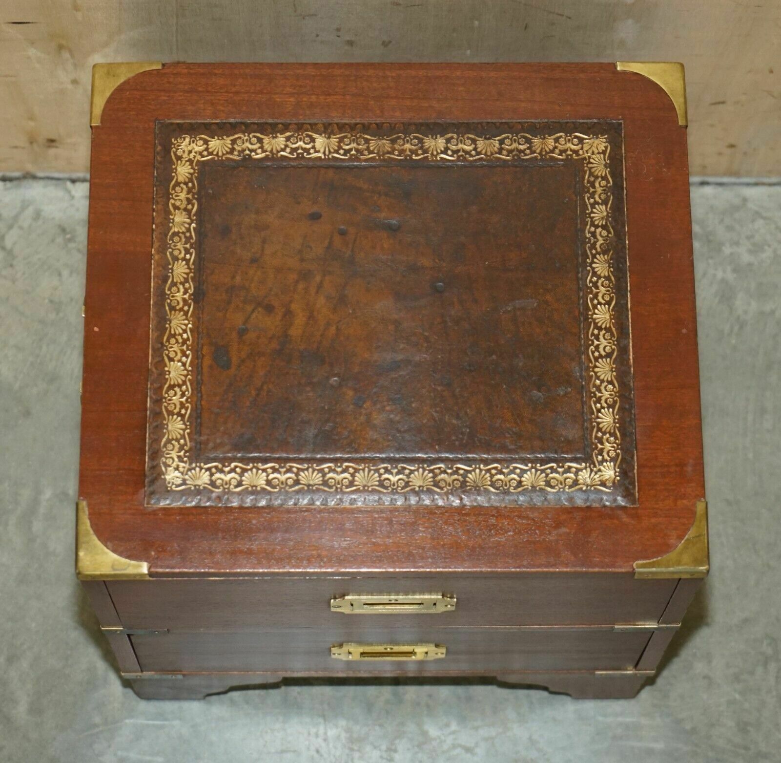 Furniture Stunning Harrods Kennedy Military Campaign Side End Table Drawers Brown Leather photo