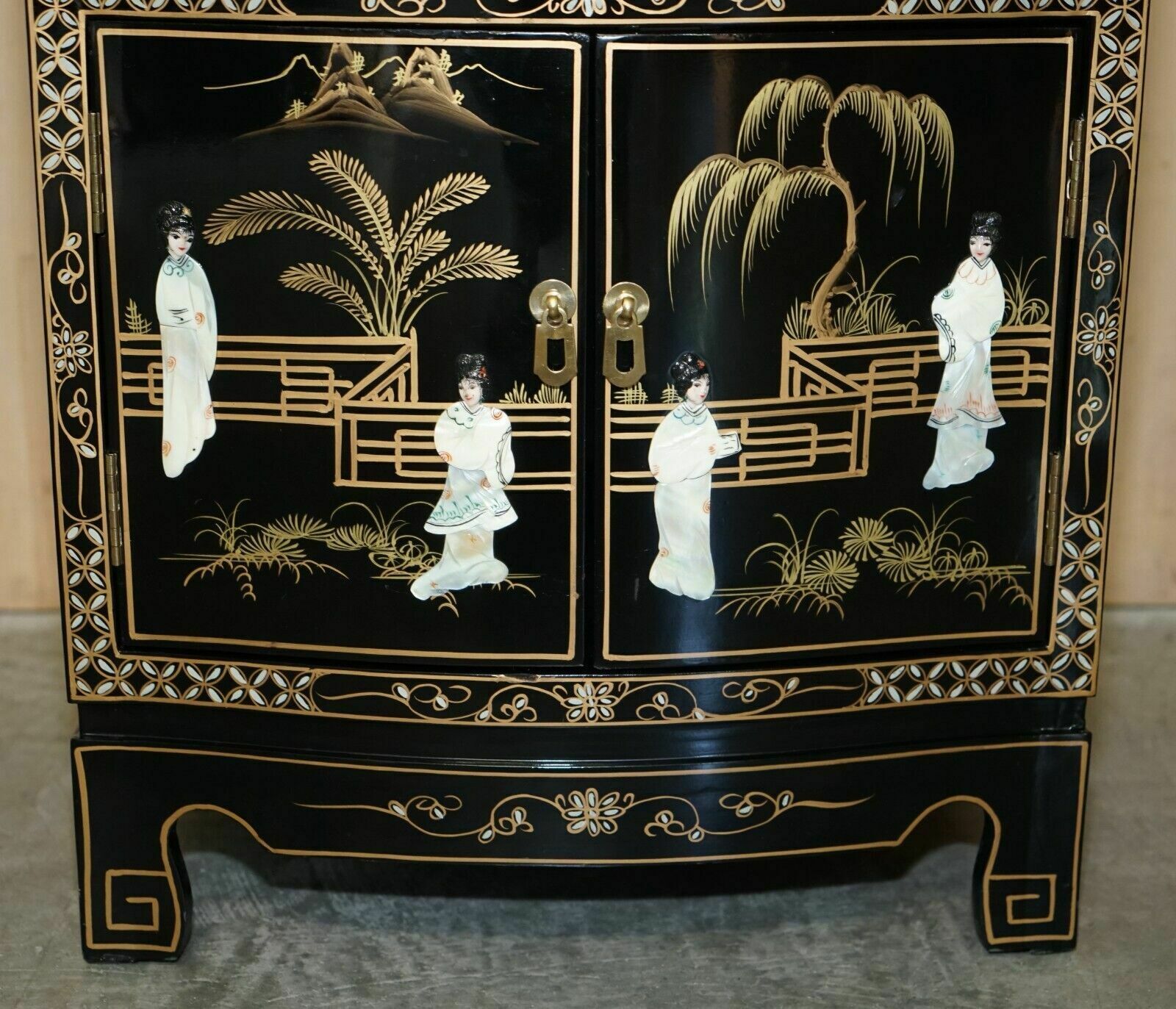 Decorative Chinese Chinoiserie Geisha Girls Lacquer Side Cabinet Soapstone photo vintage