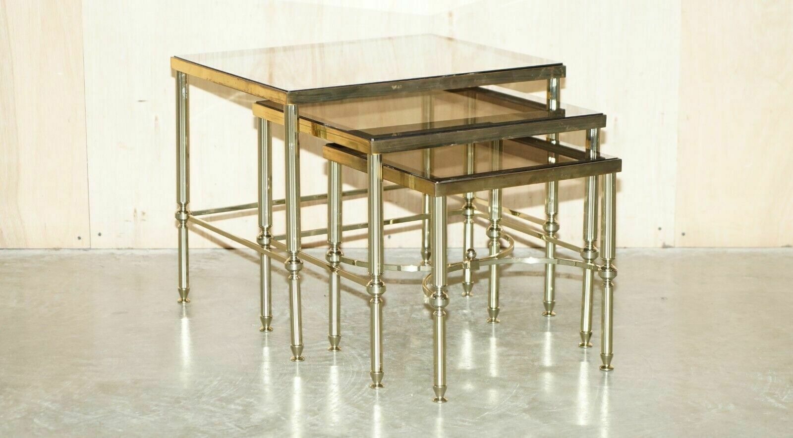 Maison Jansen Nest Of Tables Hollywood Regency Nest Of Three Brass Glass Tables