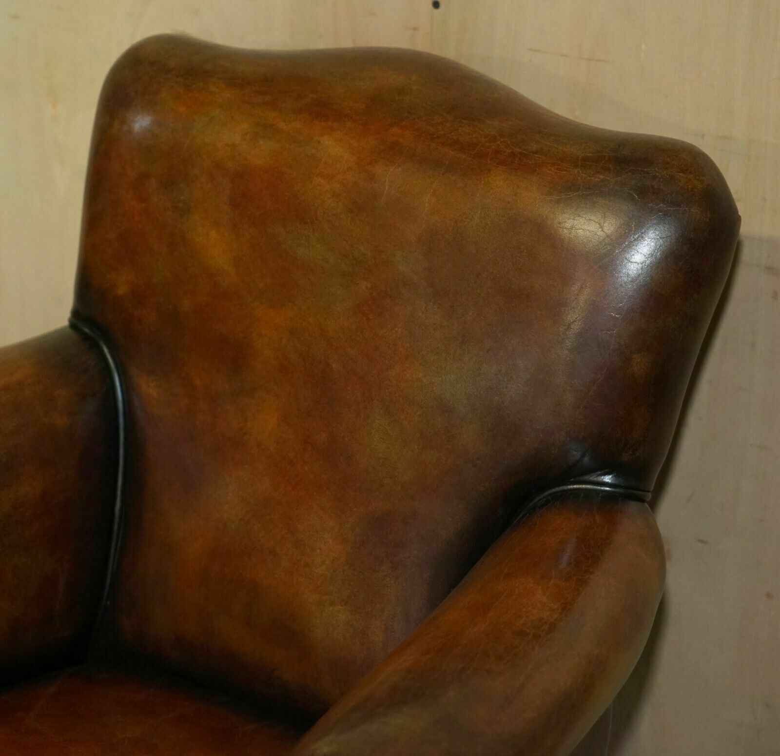 Pair Of Restored Antique Art Deco Hand Dyed Cigar Brown Leather Club Armchairs photo Furniture