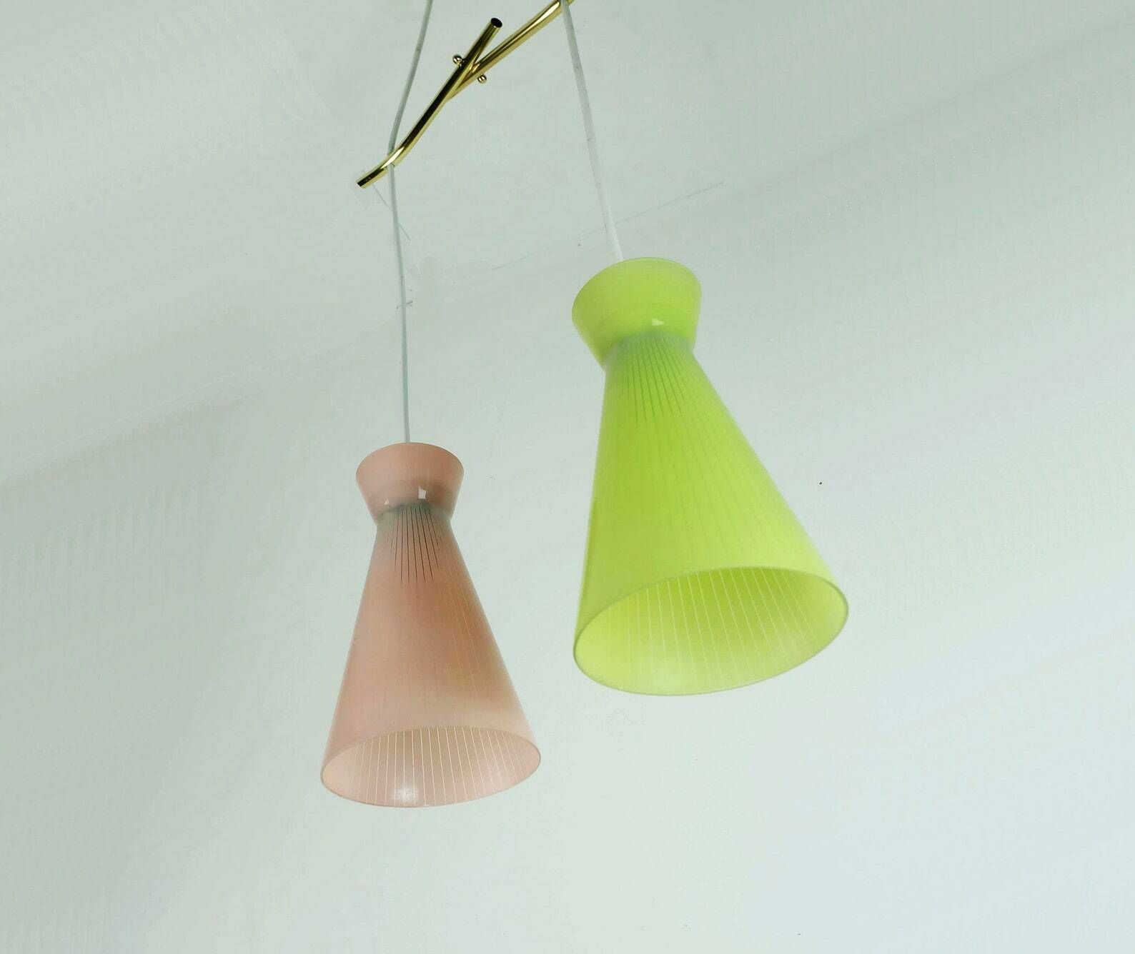 1950s Mid Century 2 Light Mid Century Pendant Light Glass Shades And Brass