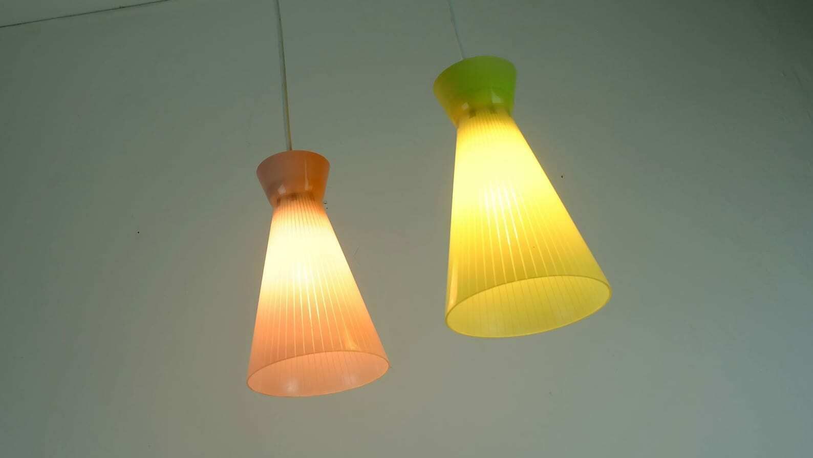 1950s Mid Century 2 Light Mid Century Pendant Light Glass Shades And Brass photo Lighting