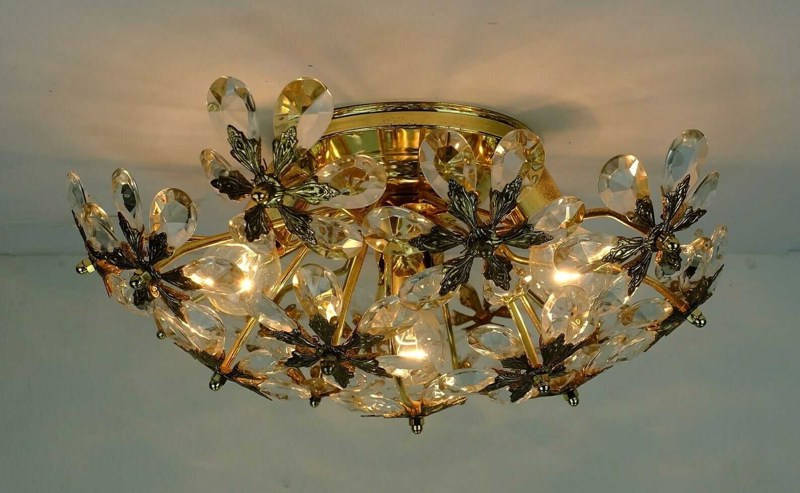 Palwa Ceiling Fixture Glass Blossom Light 1970s Flush Mount Glass Crystals And Gilt Brass photo Lighting
