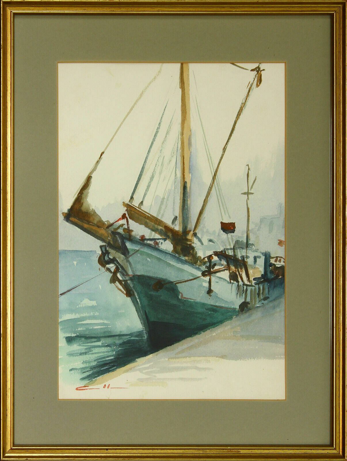 Watercolour By Harold Edward Collin. Fishing Boat Moored At Dock