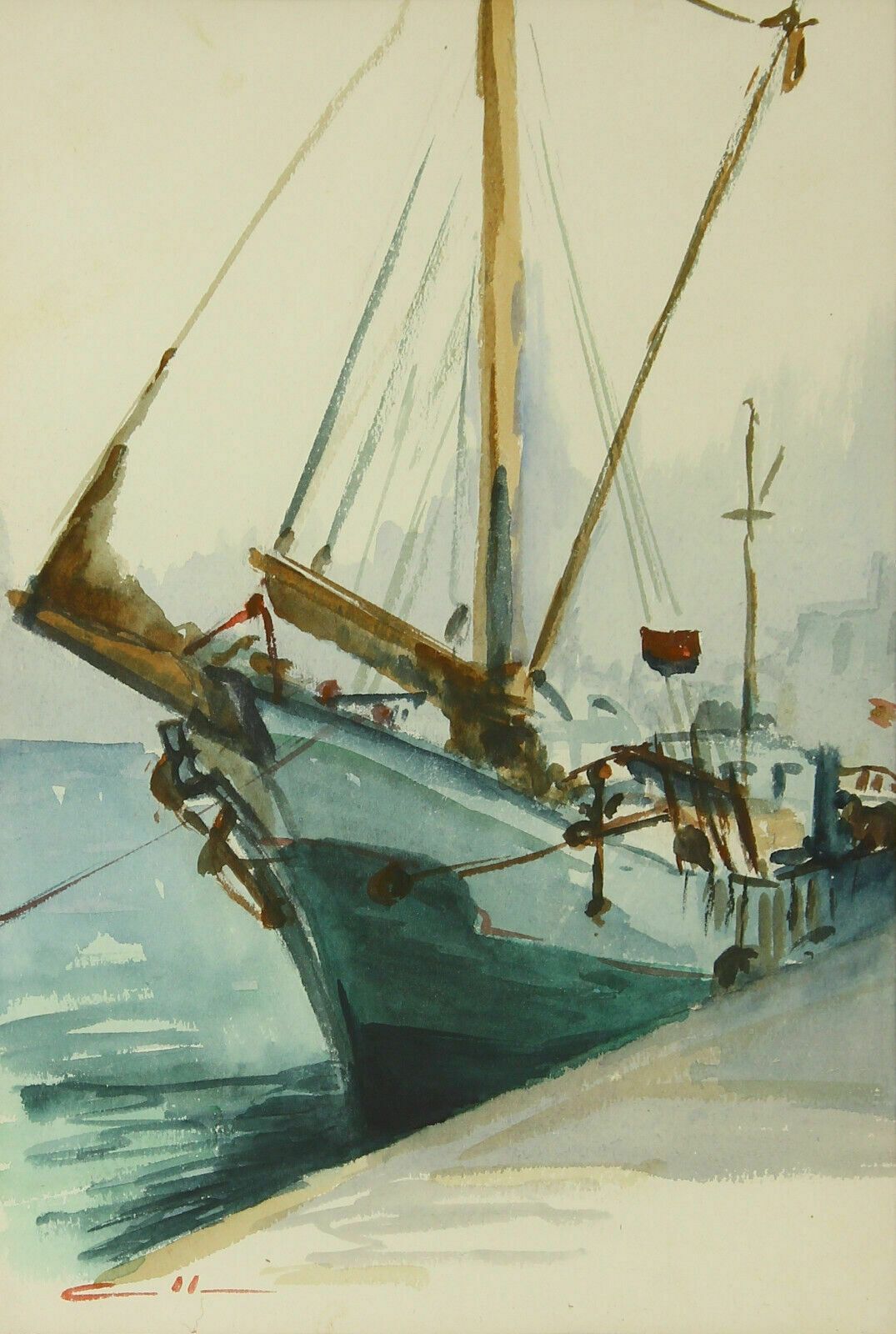 Watercolour By Harold Edward Collin. Fishing Boat Moored At Dock photo furniture