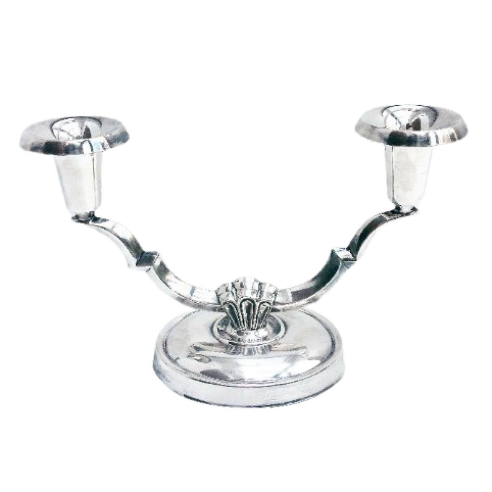 Art Deco Deense Verzilverde Kandelaar Met Twee Armen – Vintage Verzilverde Kandelaar, 2 Armen, Scandinavisch Design, Denemarken, Jaren 1930