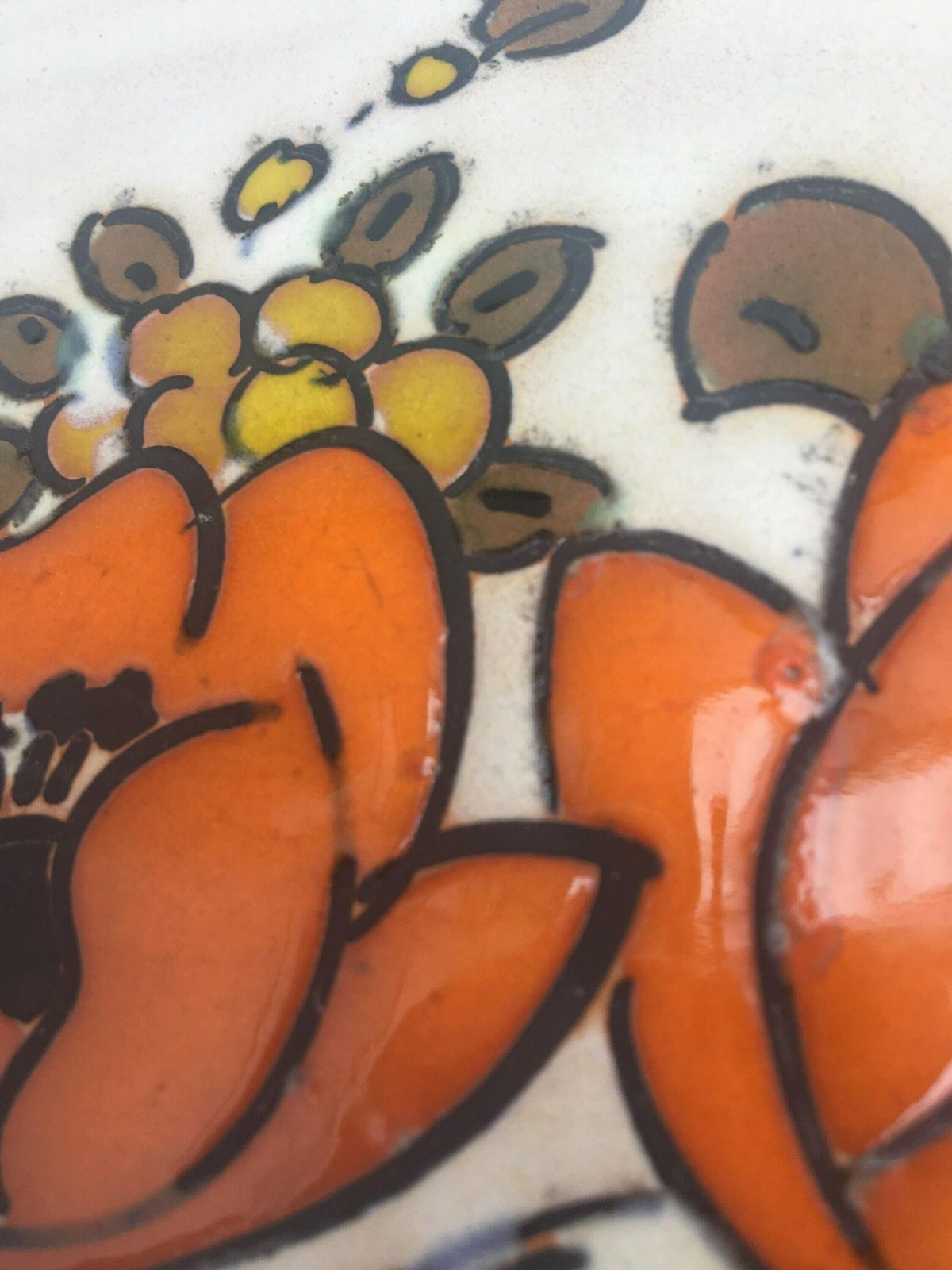 Vallauris Jaren '70 Oranje Bloemen Serveerschaal – Rechthoekig Handgeschilderd Bord, Mid Century Frans Aardewerk, Jaren 1970, Keramiek, Beige, Serveerschaal photo vinterior