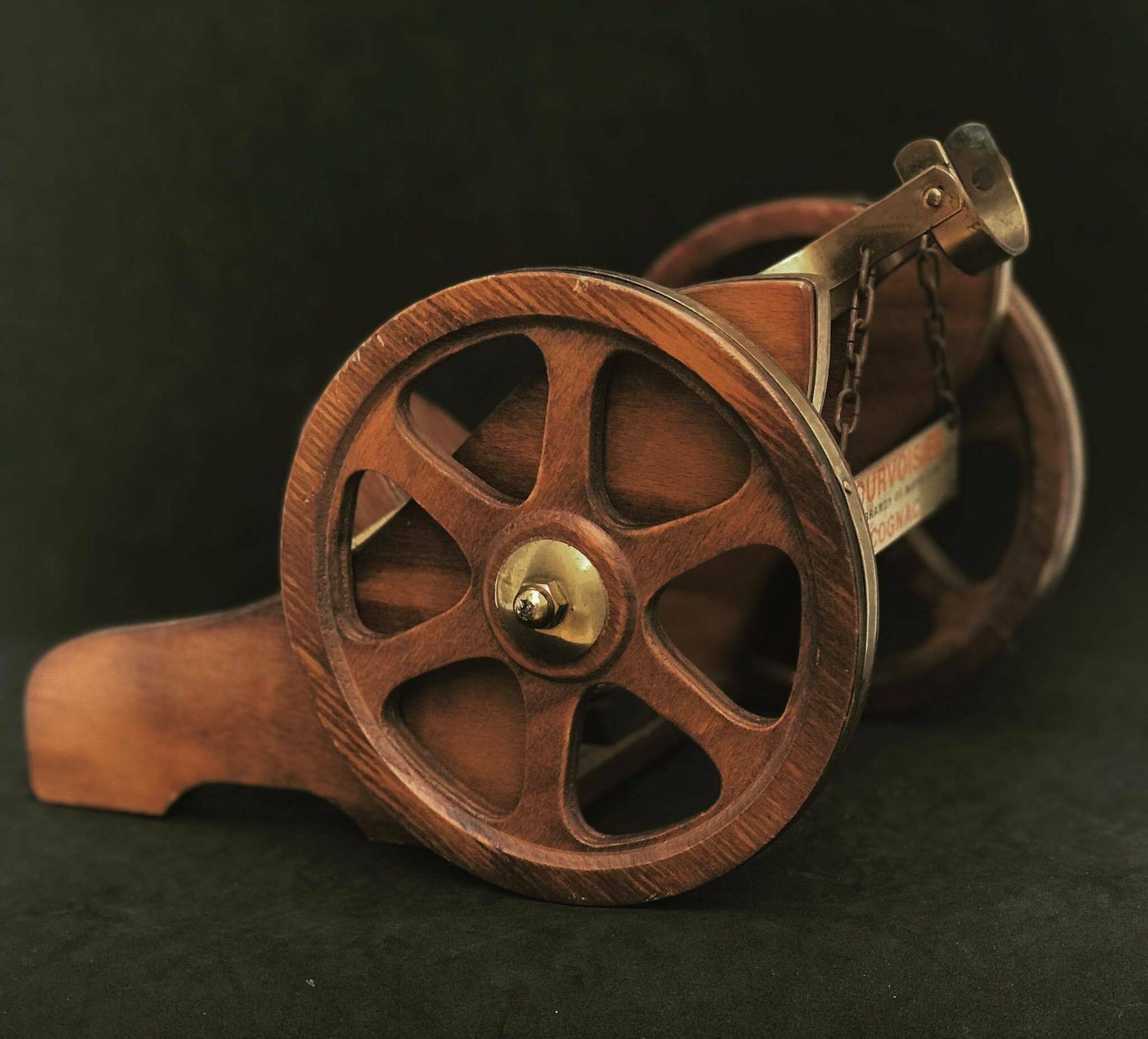 Cognac Napoleon Decanter Courvoisier Cannon Display Piece Liquor Advertising Display Cognac Fine Champagne Wooden Bar Tools 1950s photo furniture
