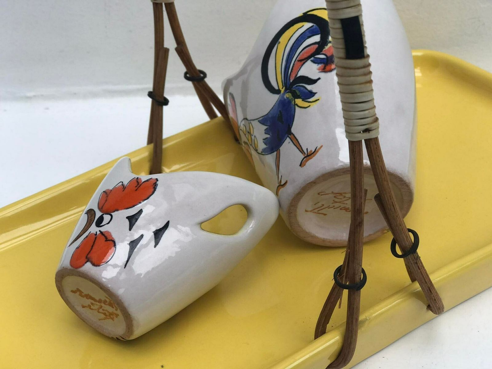 Rometti Ceramic Set 3 Pieces Pots Container Vintage 40s/50s Hand Painted Signed Rooster Mid Century Italian Crafts And Arts Collection photo vinterior