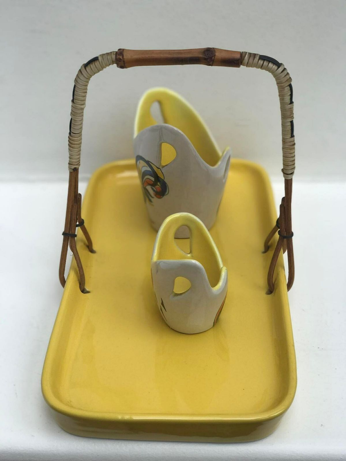 photo for sale Rometti Ceramic Set 3 Pieces Pots Container Vintage 40s/50s Hand Painted Signed Rooster Mid Century Italian Crafts And Arts Collection