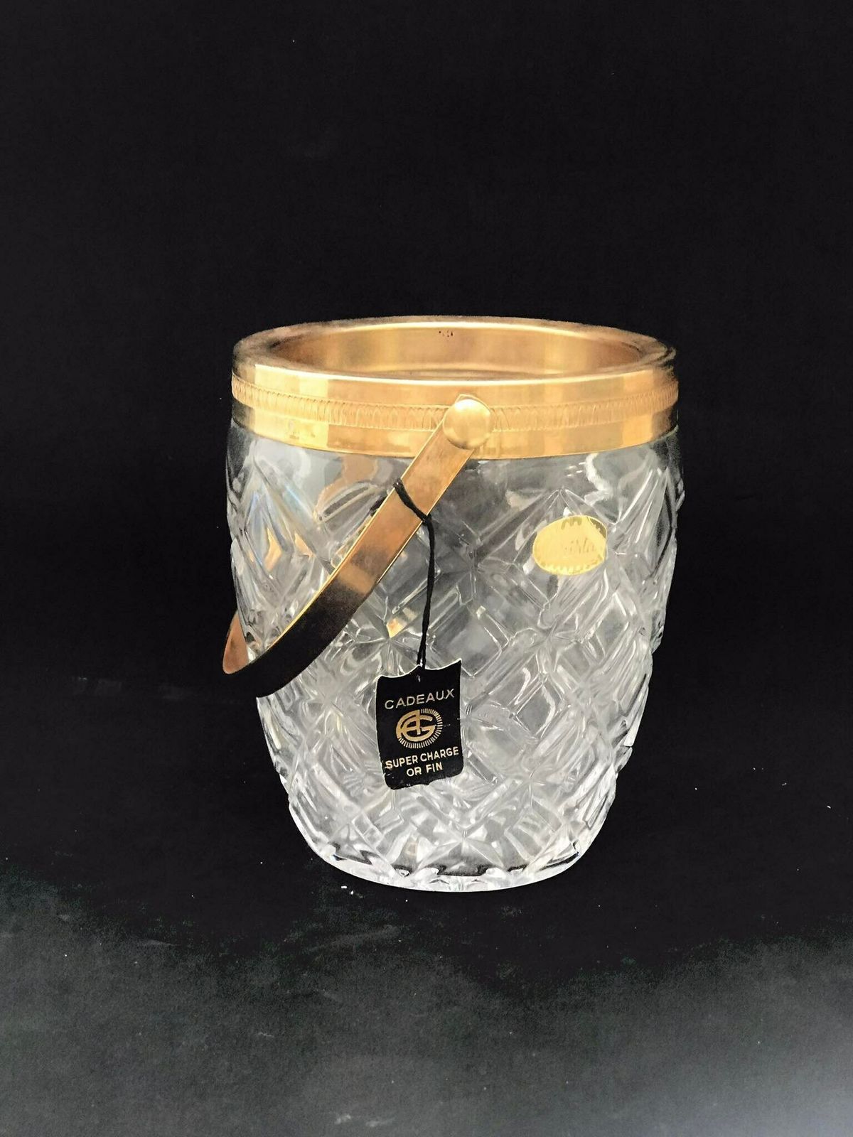 Ice Bucket Heavy Molded Glass French With Golden Metal Handles Mid Century Barware Mixology Tools Bar Cart Hollywood Regency Man Cave Gift