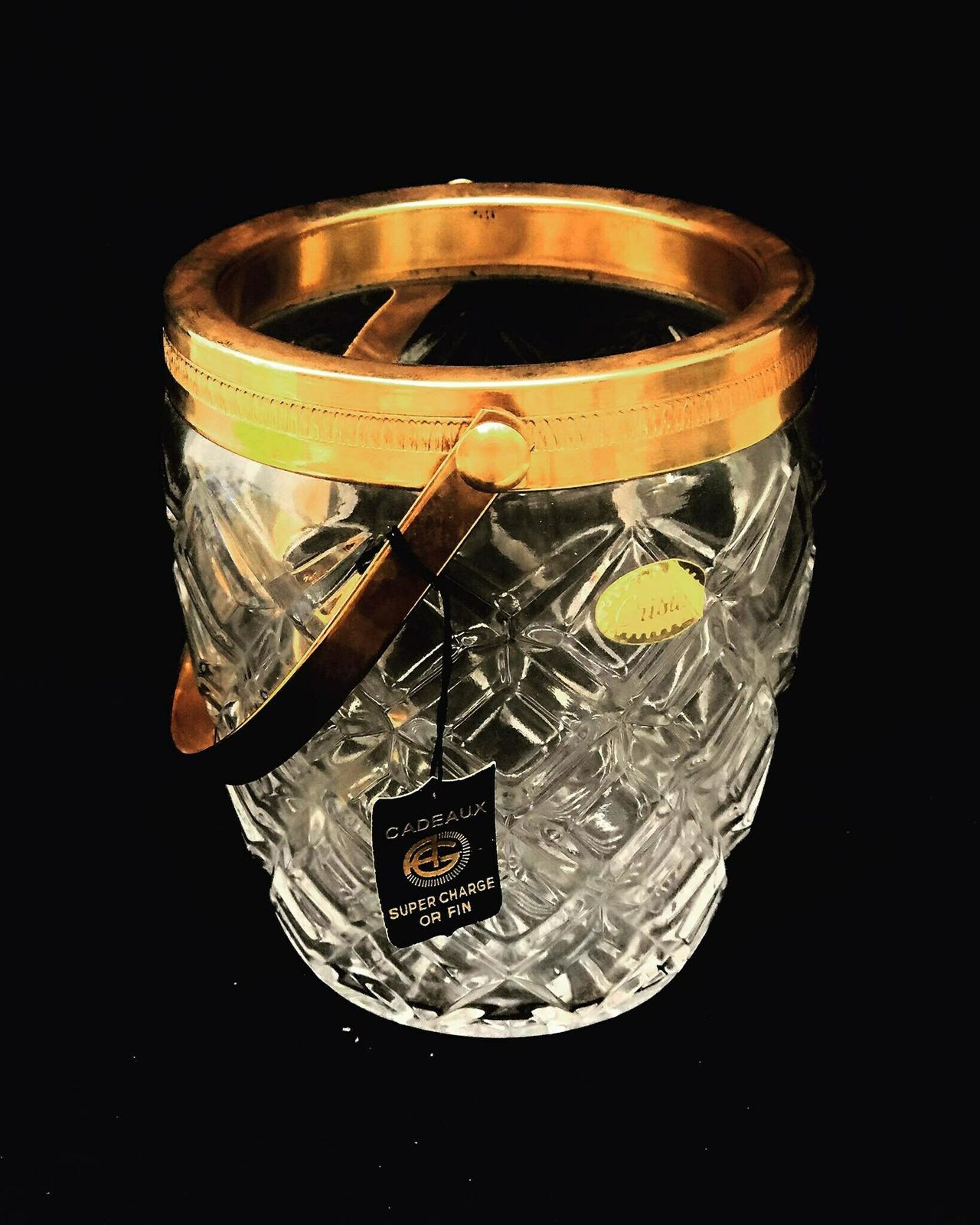 Ice Bucket Heavy Molded Glass French With Golden Metal Handles Mid Century Barware Mixology Tools Bar Cart Hollywood Regency Man Cave Gift photo for sale