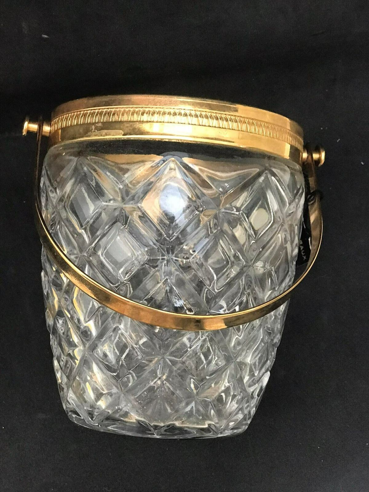 Ice Bucket Heavy Molded Glass French With Golden Metal Handles Mid Century Barware Mixology Tools Bar Cart Hollywood Regency Man Cave Gift photo vintage