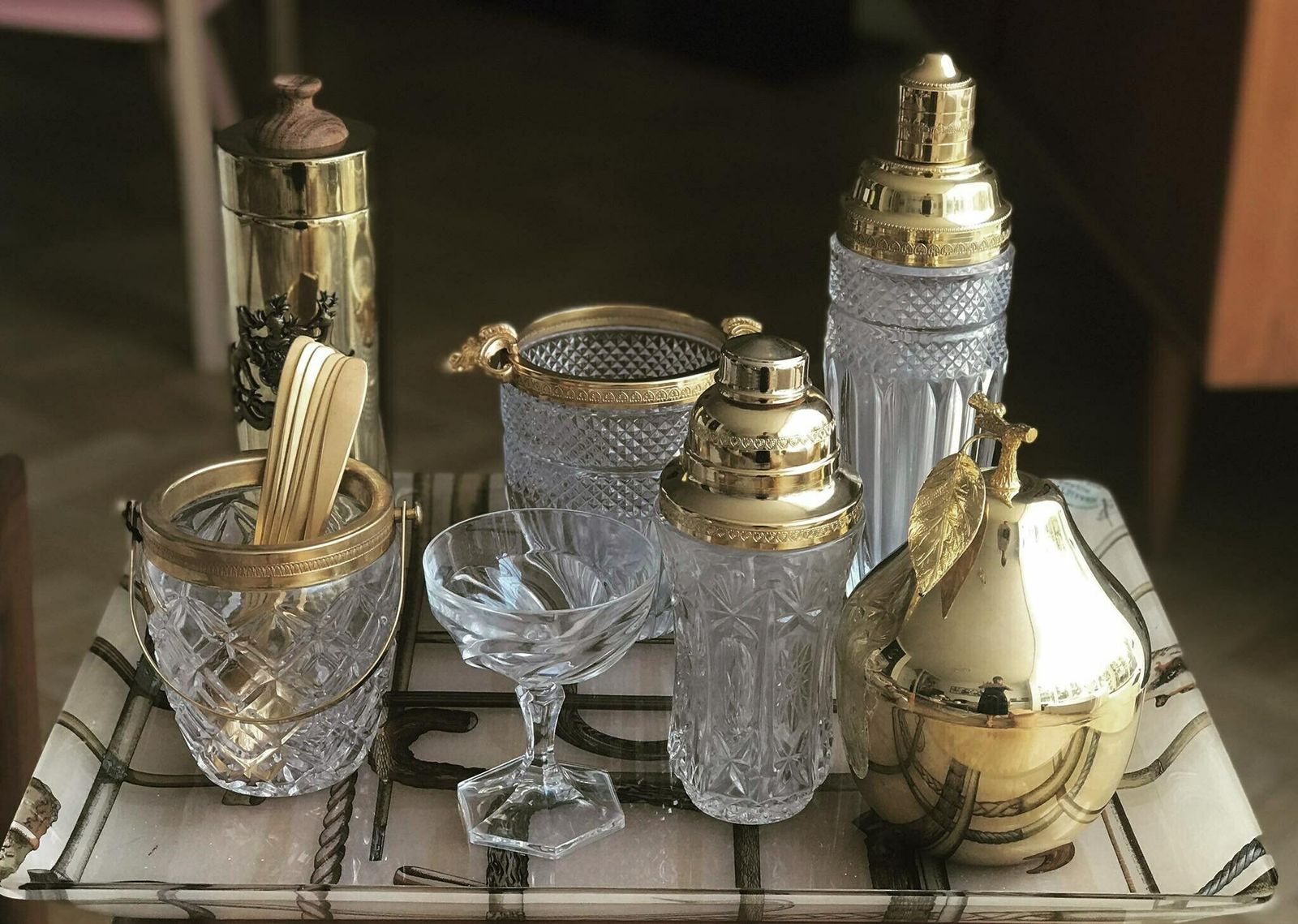 photo for sale Ice Bucket Heavy Molded Glass French With Golden Metal Handles Mid Century Barware Mixology Tools Bar Cart Hollywood Regency Man Cave Gift