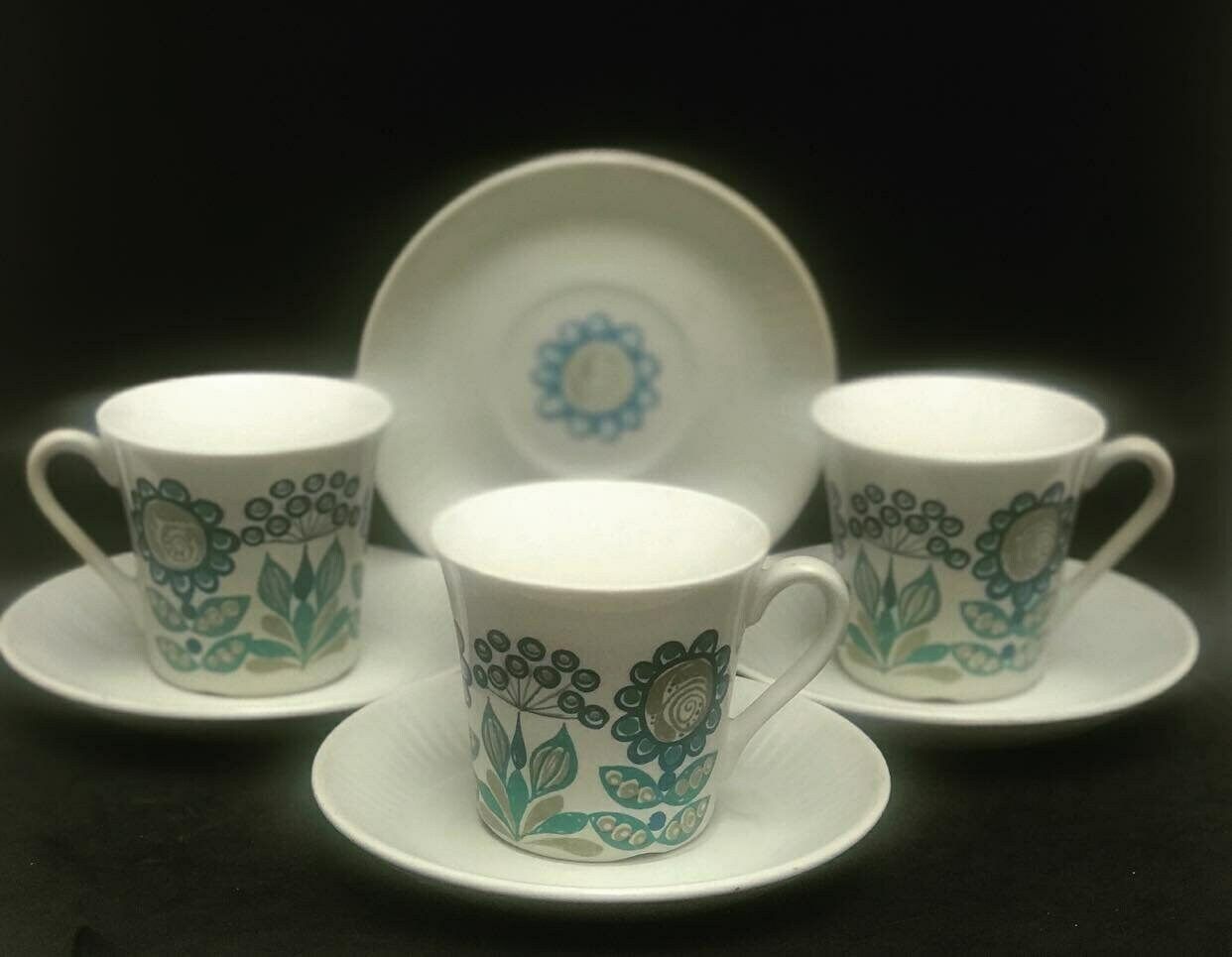 Figgjo Flint 3 Coffee Cups And 4 Saucers By Turi Gramstad Oliver, Tor Viking Pattern Tea Creamer Milk Pot Kitchen Norvegian Design Table