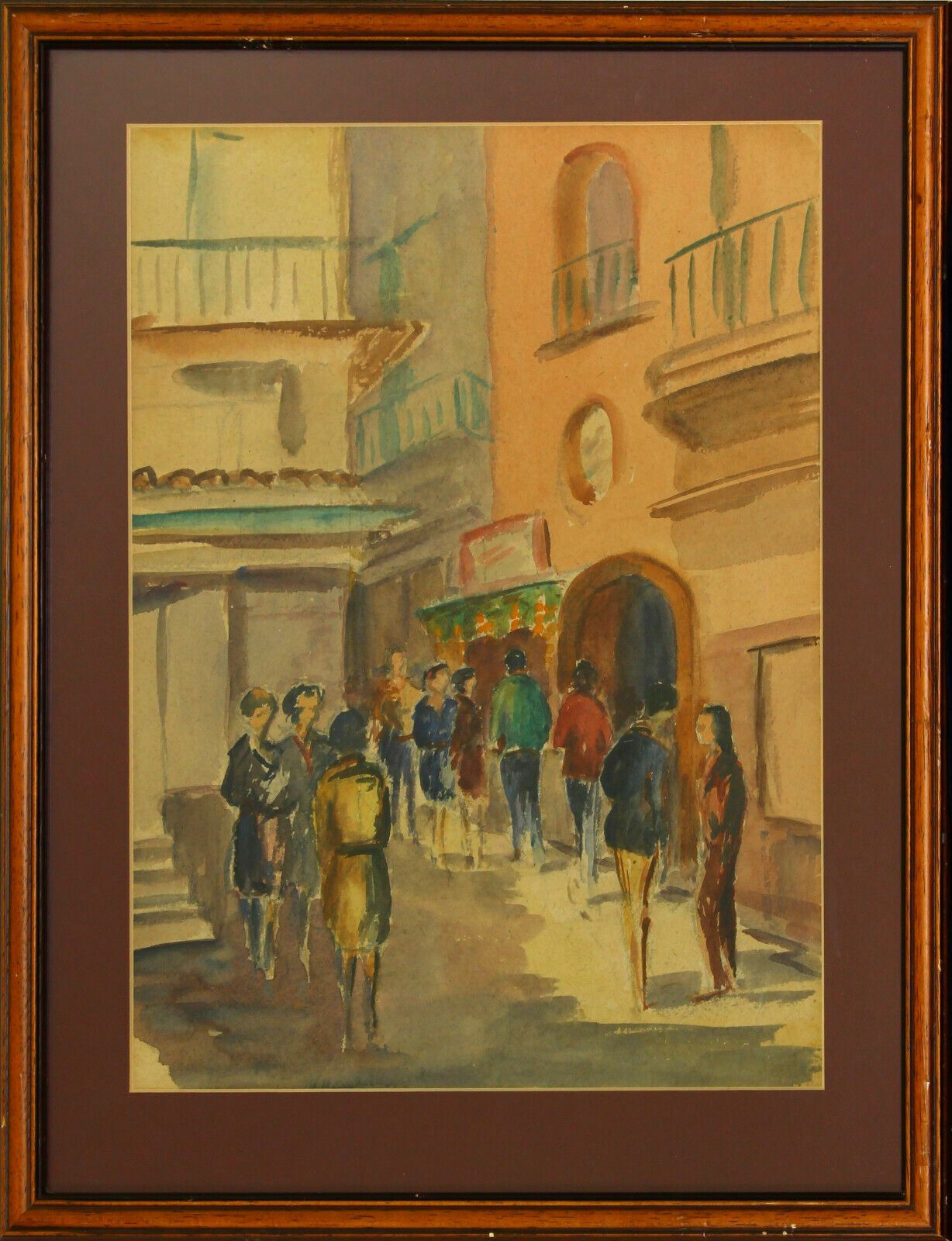 Watercolour By Harold Edward Collin People Gathered Outside Mediterranean Cafe