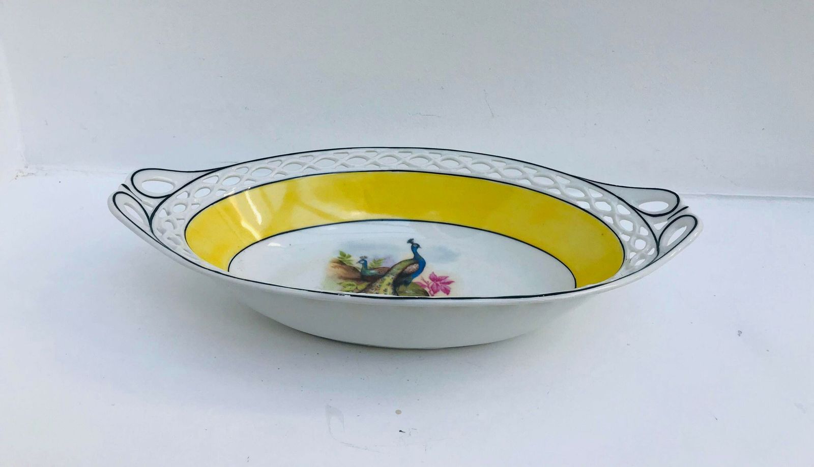 Antique Serving Dish Reticulated Porcelain Oval Open Work Bread Basket Veggie Dish Germany Bread Bowl Plate Dish Hand Painted Bird Peacock photo furniture